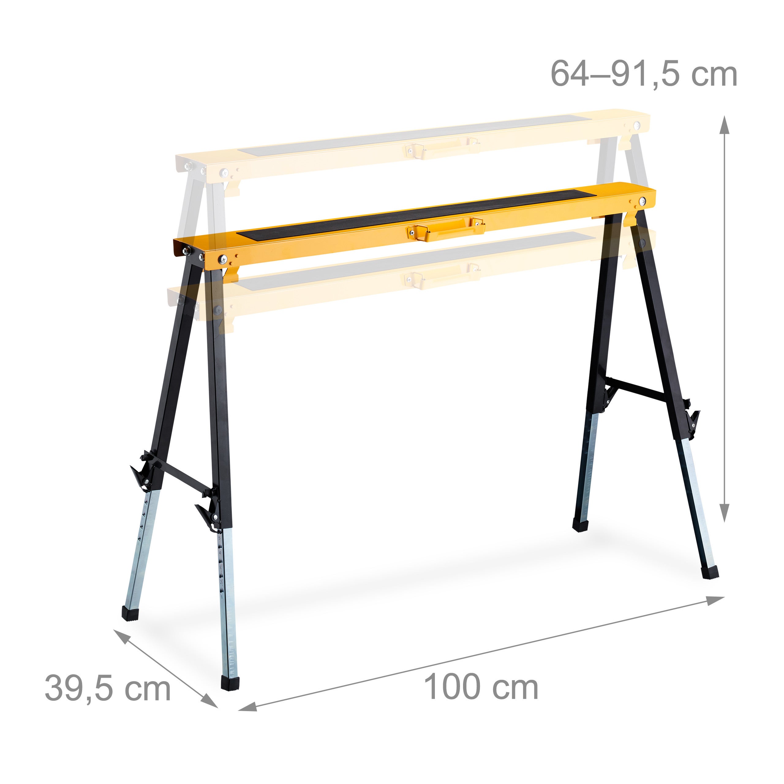 Cavalletto da Lavoro, Set da 2, Pieghevole, max. 150kg, 12 Altezze Regolabili 64-91,5cm, Nero-Arancione, Relaxdays - 4
