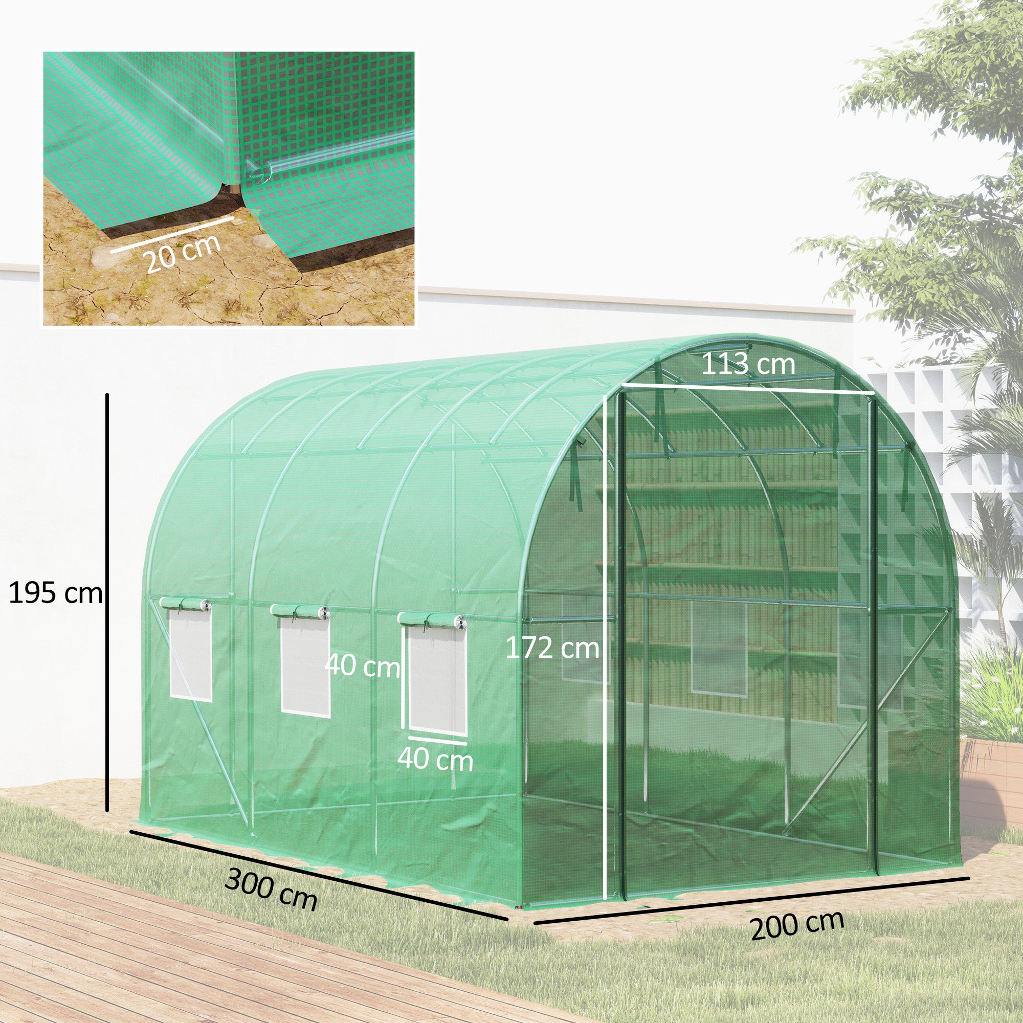 Serre d'environ Serre en plastique 3 x 2 x 2 m avec 6 fenêtres, porte roulante, parois latérales enroulables, tunnel en plastique résistant aux UV, se - 3