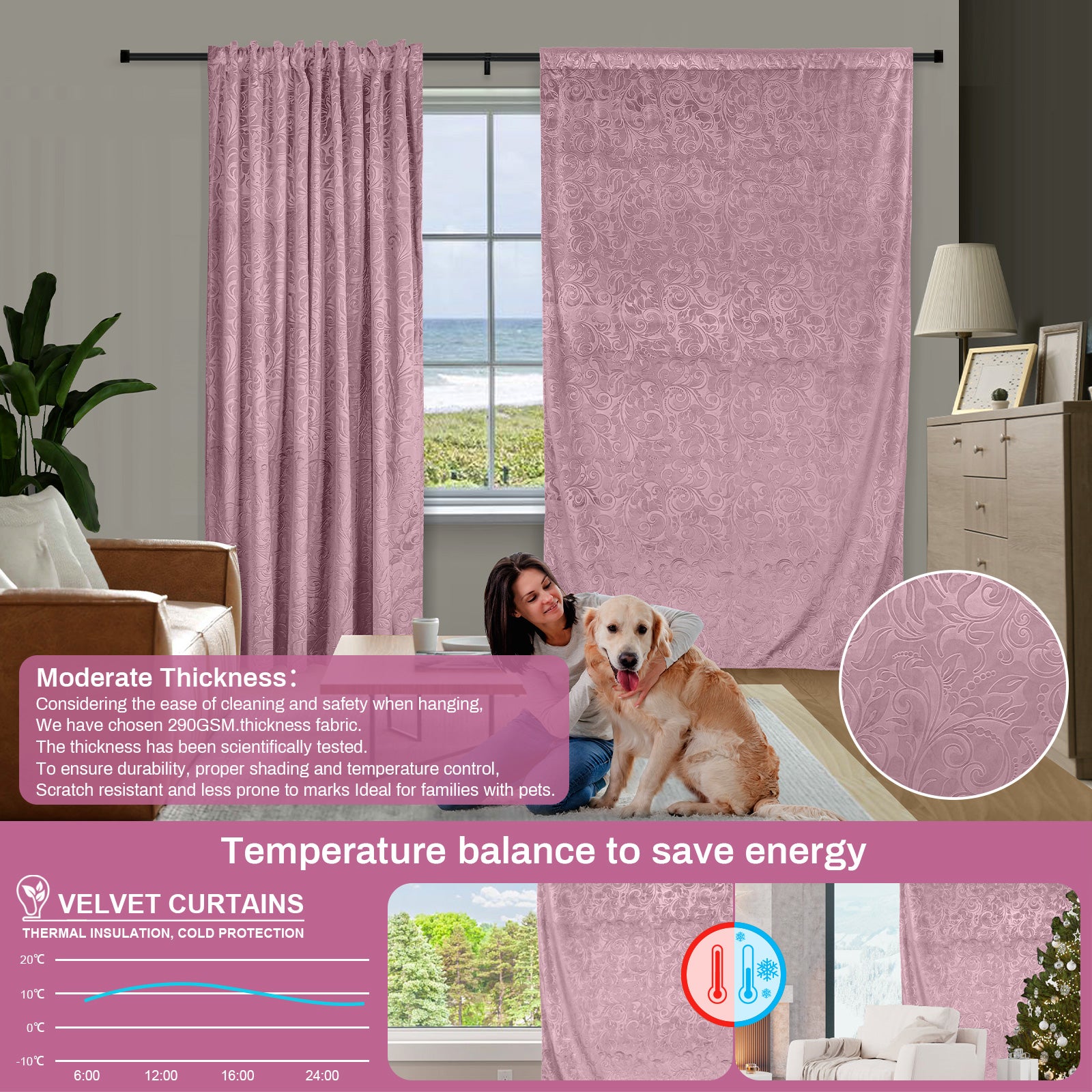 Aksamitne zasłony w kwiatowy wzór adamaszku,zasłony termiczne zaciemniające do salonu sypialni 2 szt Różowy 132x274cm - 5