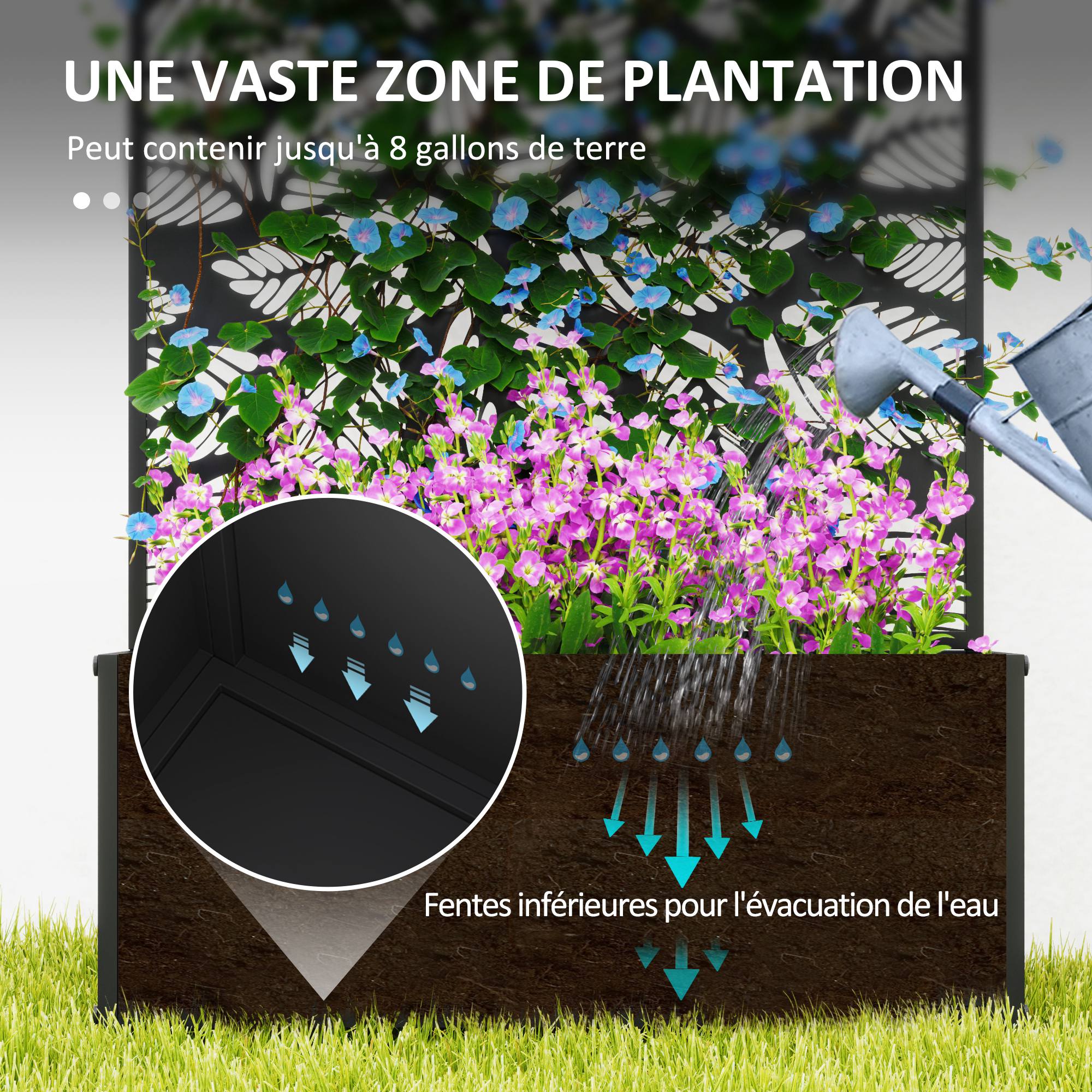 Jardinière avec treillis bac à fleurs rectangulaire grande taille panneau d'intimité métal 61 x 23 x 113 cm noir - 5
