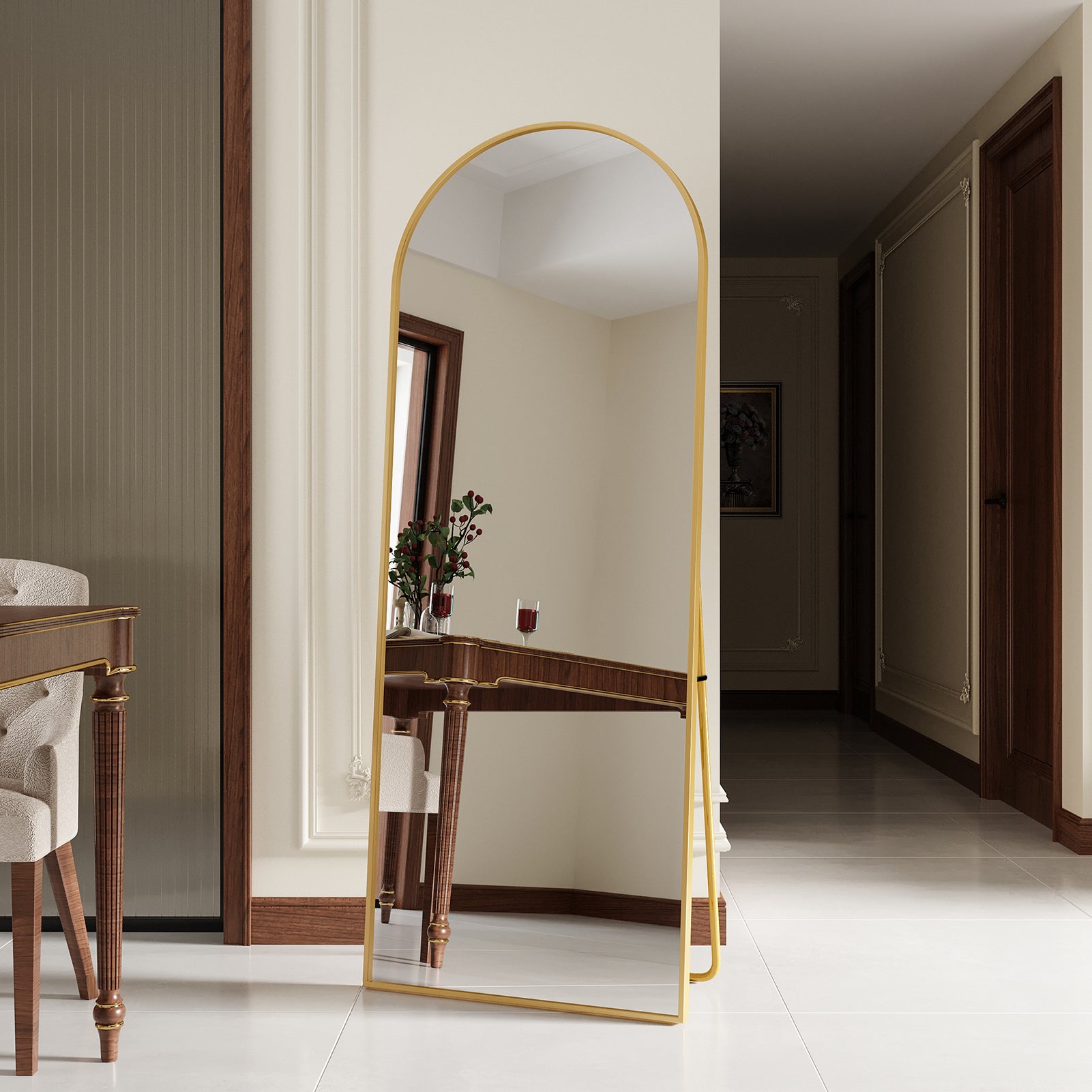 KEFSR Miroir sur Pied Arqué 165 x 60cm,Miroir Mural avec Support,Cadre en Alliage d’Aluminium,Verre Trempé,Grand Miroir pour Chambre,Salon(Doré) - 3