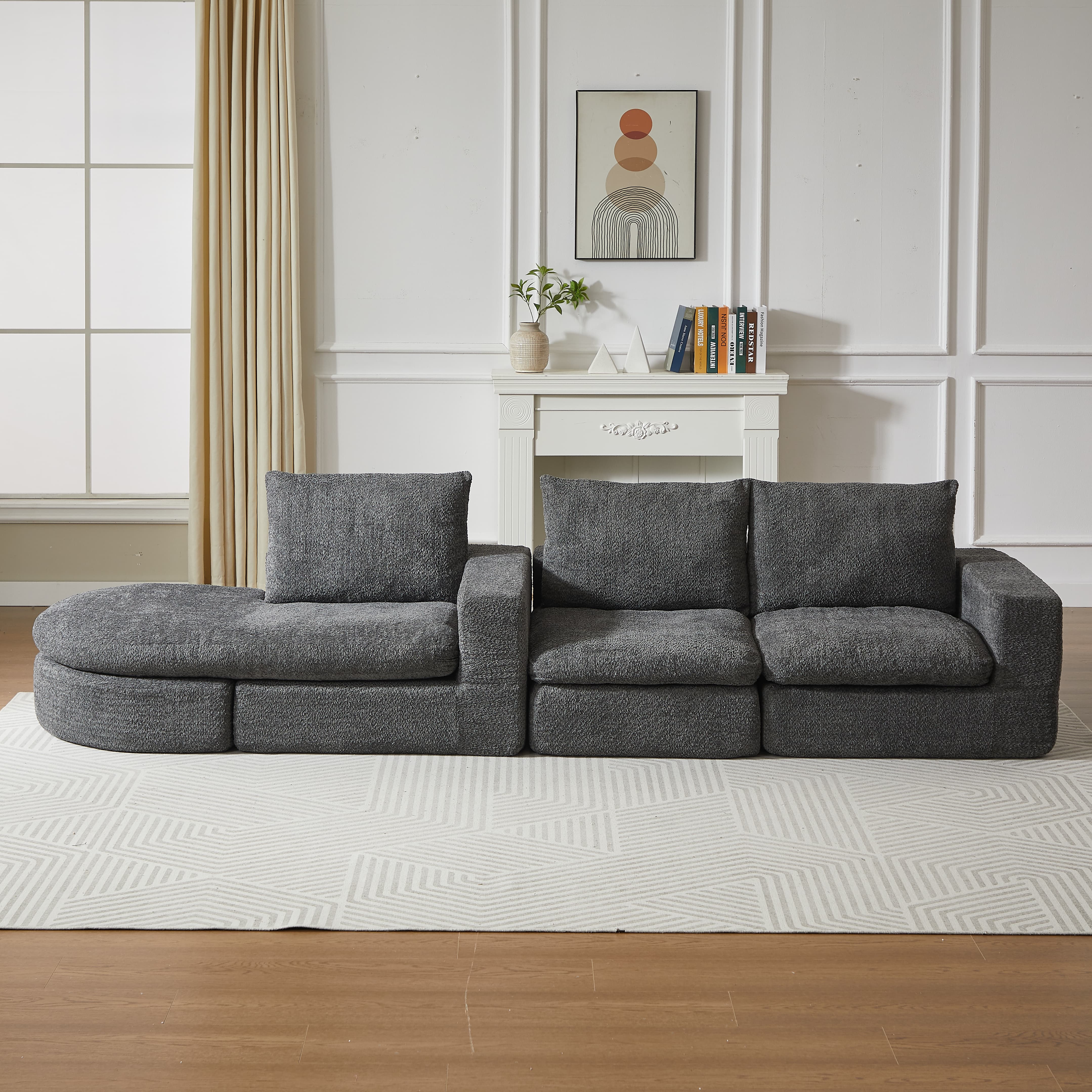 Canapé et chaise longue en chenille, canapé modulable combinable avec chaise longue en forme de L, canapé en mousse compressée - 5