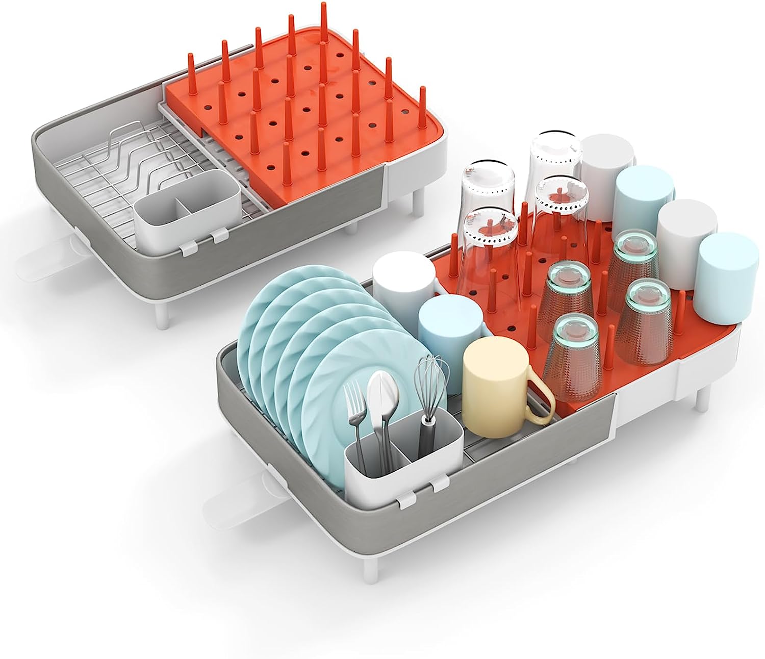 Ociekacz, regulowany, rozszerzalny stojak na naczynia ze zdejmowanym uchwytem na sztućce i uchwytem na kubki, obracany o 360°,