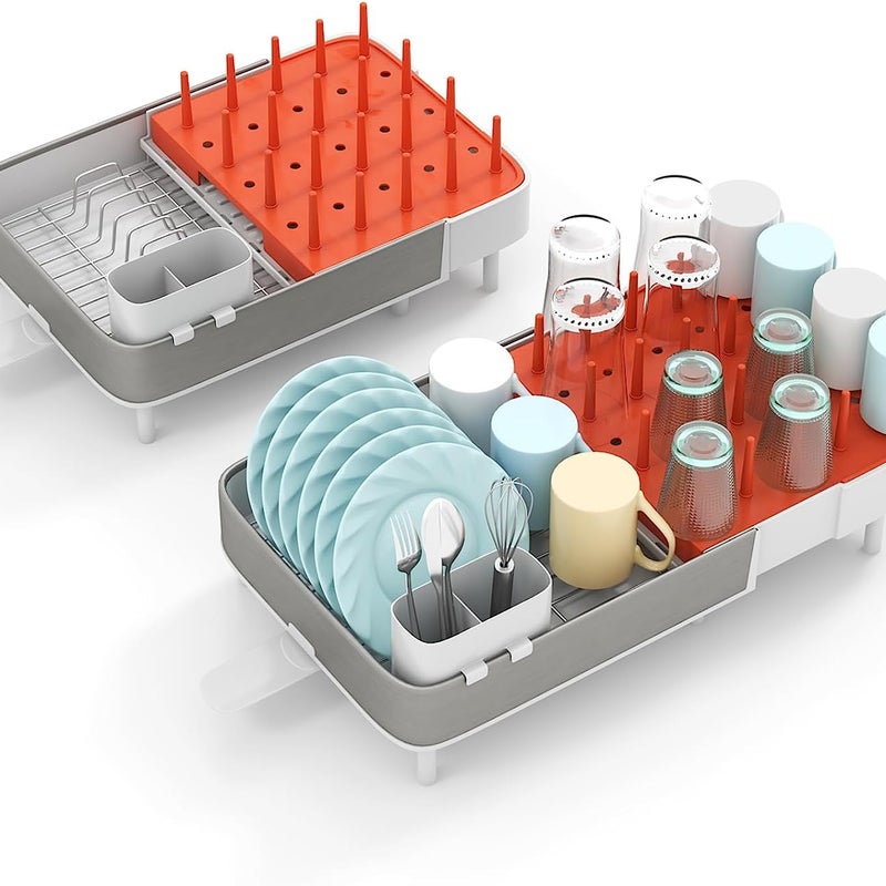 Ociekacz, regulowany, rozszerzalny stojak na naczynia ze zdejmowanym uchwytem na sztućce i uchwytem na kubki, obracany o 360°,