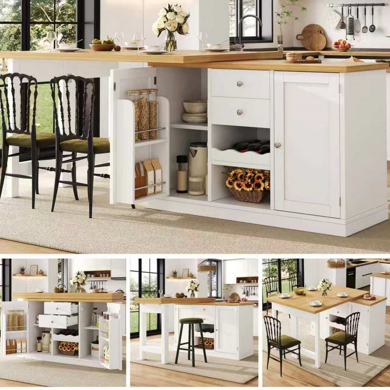 Îlot de cuisine,table à manger extensible rotative à 360°, vin et étagère de rangement,portes à fermeture magnétique,120-197x40x74cm - 5