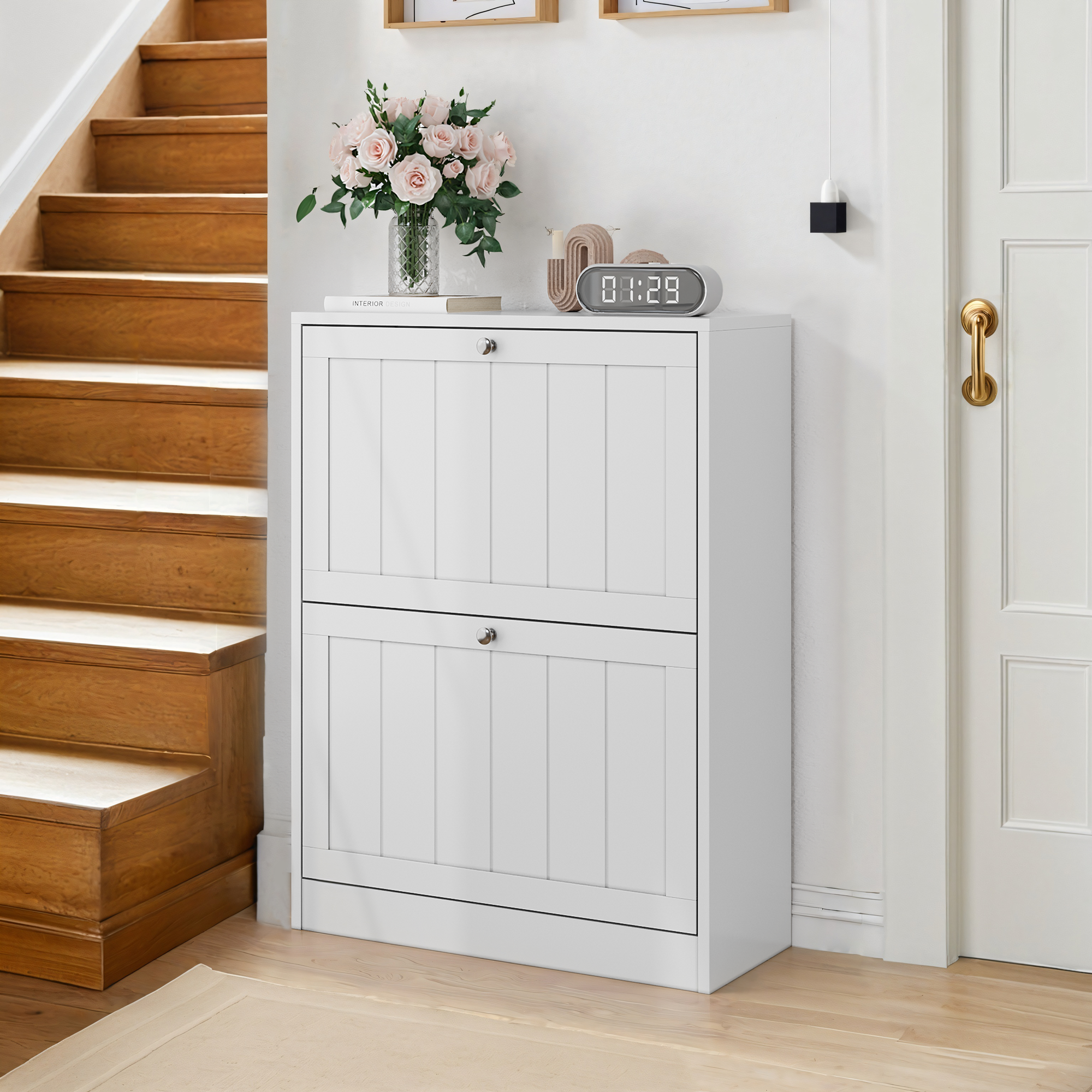 Zapatero blanco de 60 cm, zapatero oculto con 2 cajones abatibles, adecuado para pasillos y entradas.