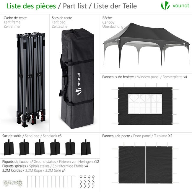 VOUNOT Gazebo Pieghevole 3x6m - Con 6 Pareti, Impermeabile, Per Giardino E Feste, Nero - Foto 12