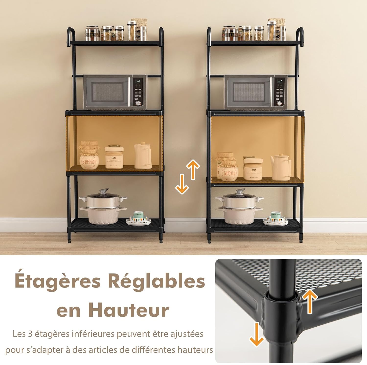 Étagère de Cuisine sur Pieds en Fer, Support de Rangement pour Four à Micro-Ondes de 4 Couches en Maille, Rack de Cuisine Métalliques (Noir) - 6