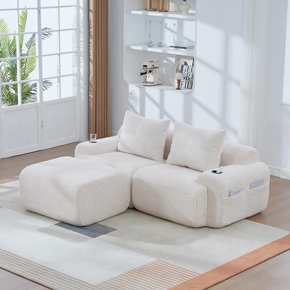 Canapé modulable en velours côtelé,beige, pour 2 personnes avec poufs, combinable, porte-boissons et poche latérale - 8
