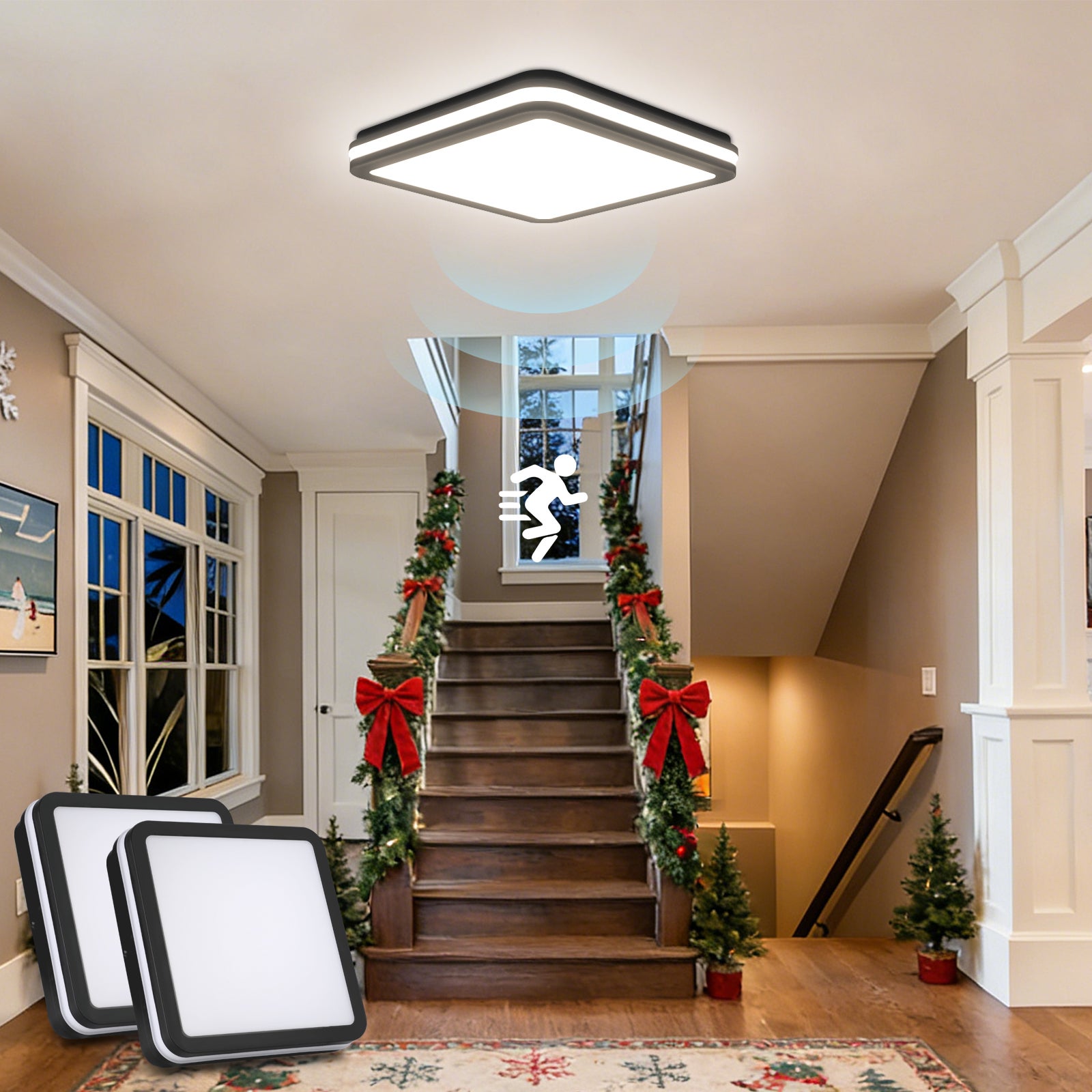 LOVHAUS 2 PCS Plafon LED z Czujnikiem Ruchu 24W 2400LM, Kwadratowe Lampy Sufitowe Czarne IP54, Plafon LED do ﾅ∥zienki Salonu Korytarza