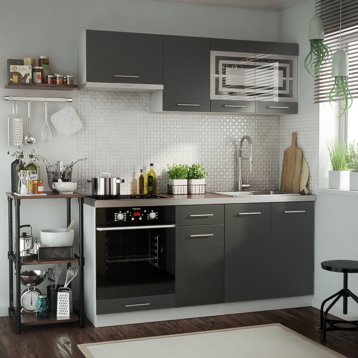 Cuisine GIOVANNA 6 éléments - graphite mat 1m80 portes vitrées four encastrable - 2