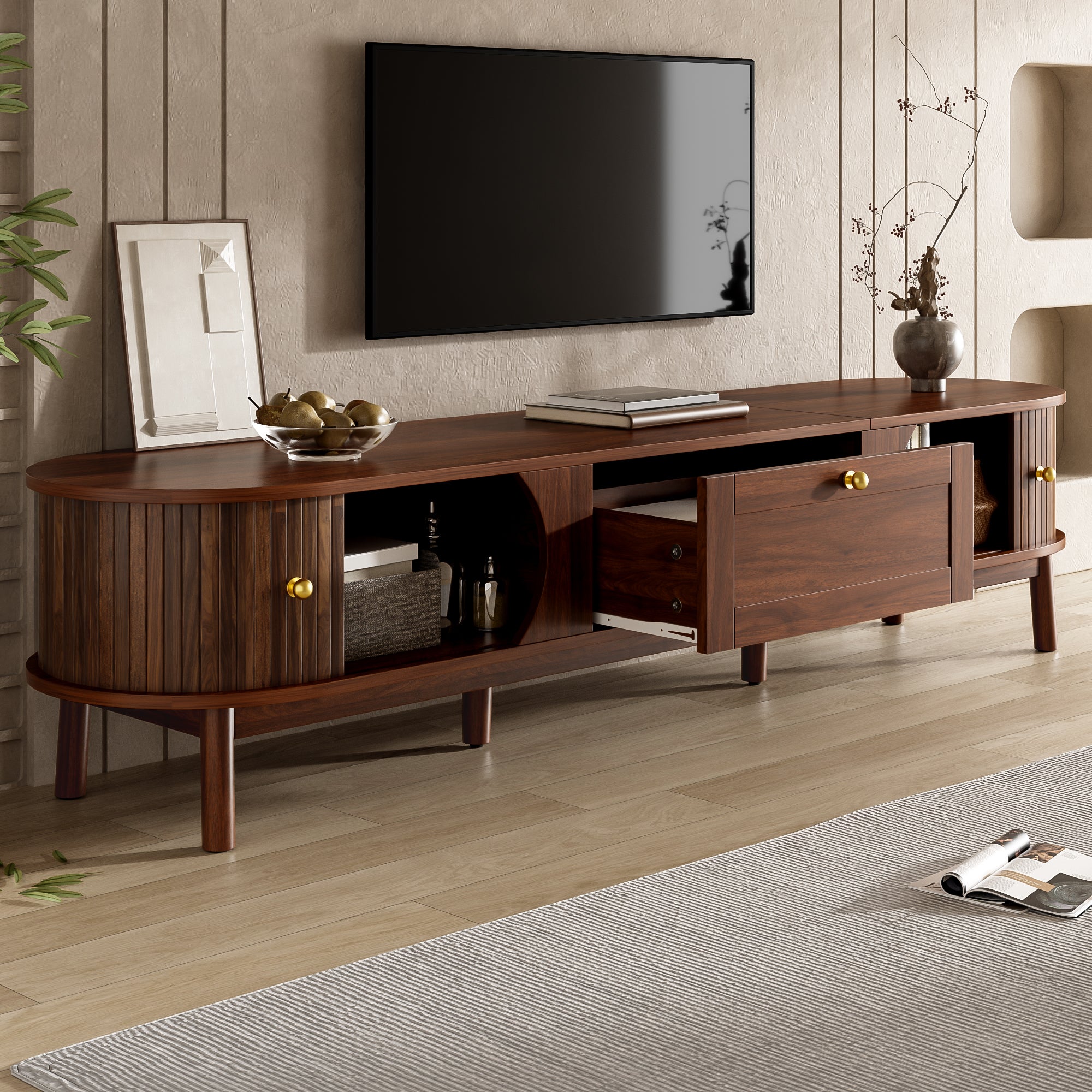 Nowoczesna szafka RTV z 2 drzwiami przesuwnymi i 1 szufladą - 170 x 39,5 x 38 cm - MDF i nogi drewniane - do salonu - orzech - 5