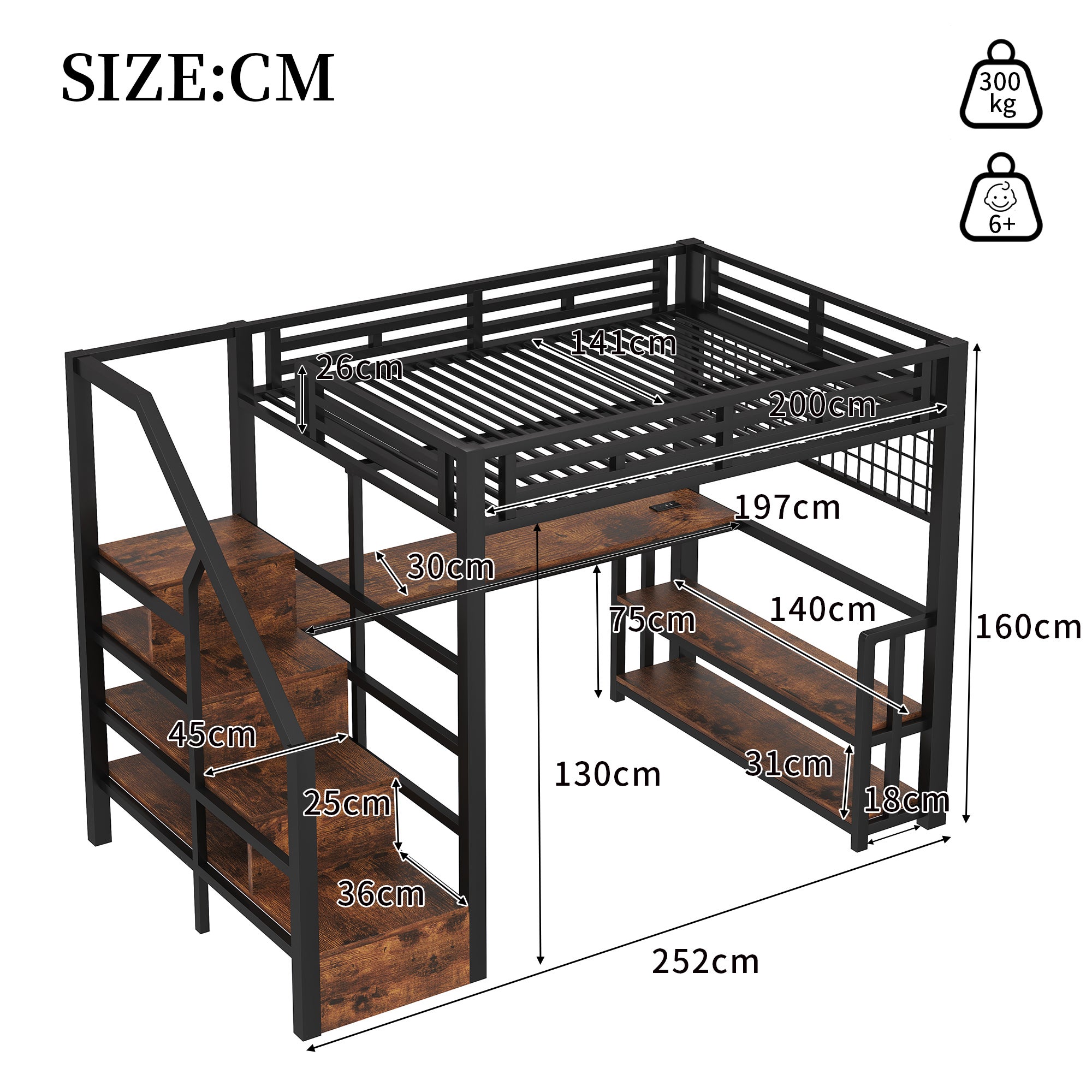 Lit mezzanine 140x200 cm avec bureau, étagères, rangements suspendus, éclairage LED, escalier tiroirs, 2 USB + Type-C, métal, noir - 4