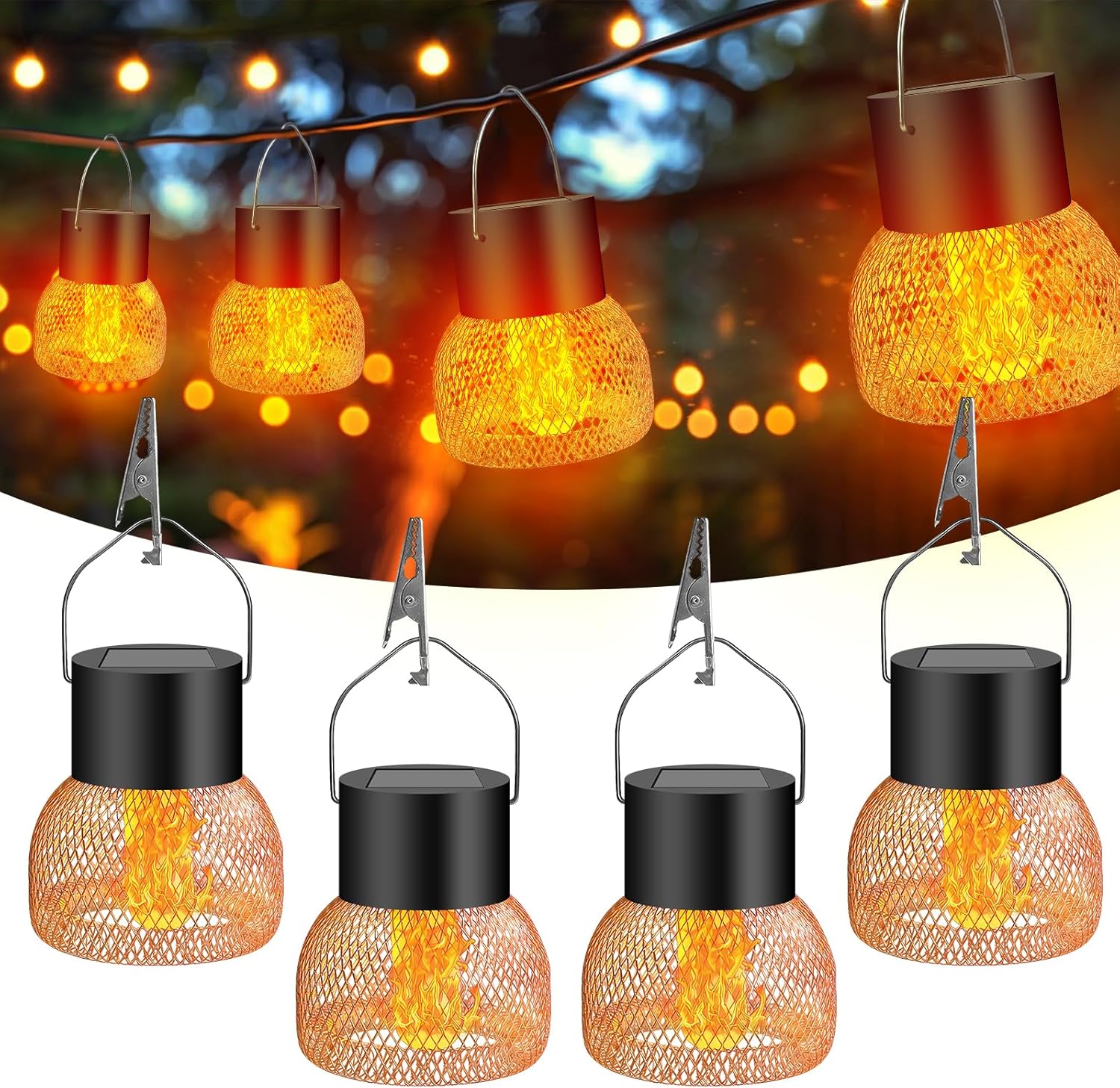 Zestaw 4 lamp solarnych do ogrodu, wodoodporne, wiszące lampy solarne do ogrodu, na taras, ogrodzenie, drzewo