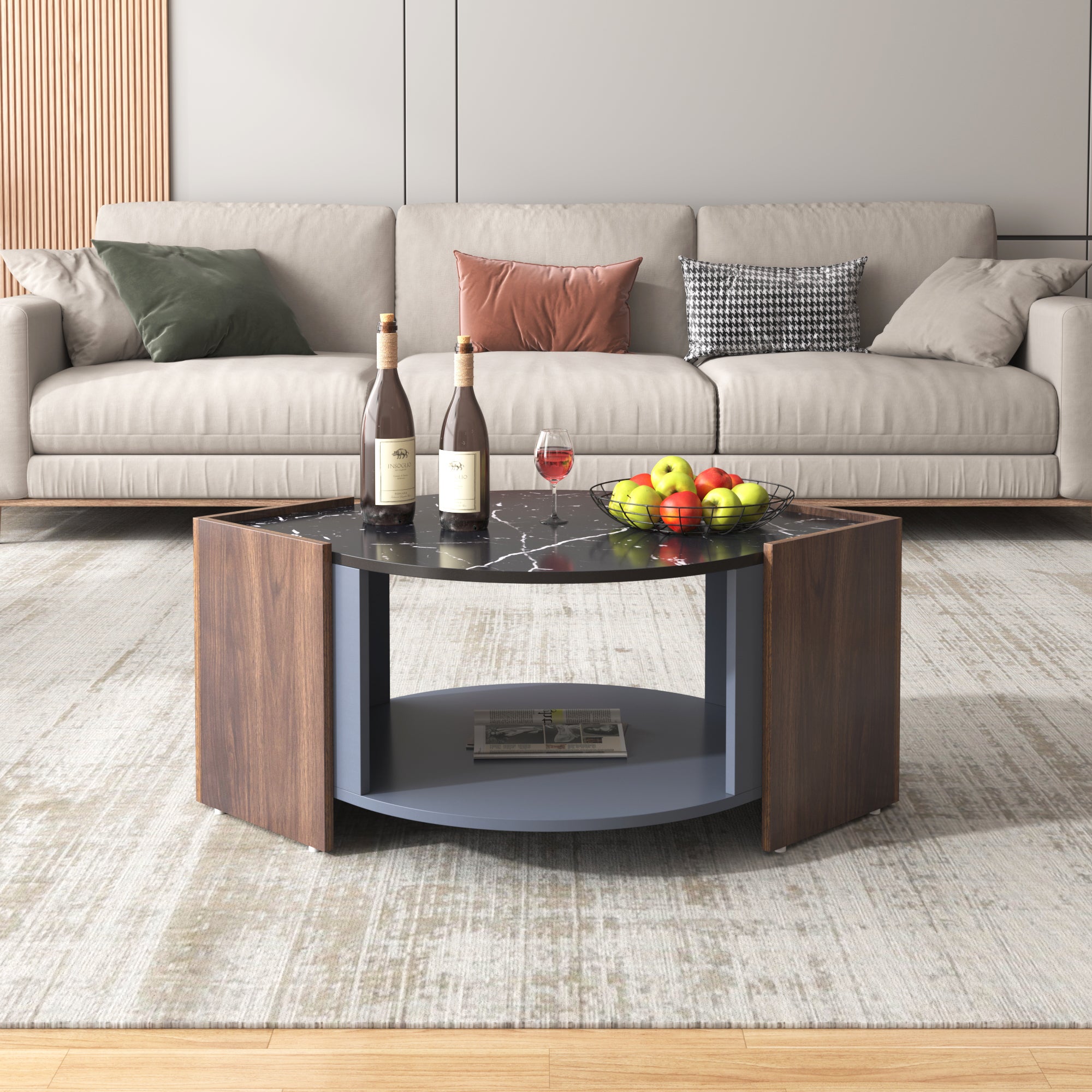 Table basse moderne multifonction effet marbre et noyer, table de salon au design contrasté avec lignes uniques, style élégant, 100x60x40cm, Marron - 3