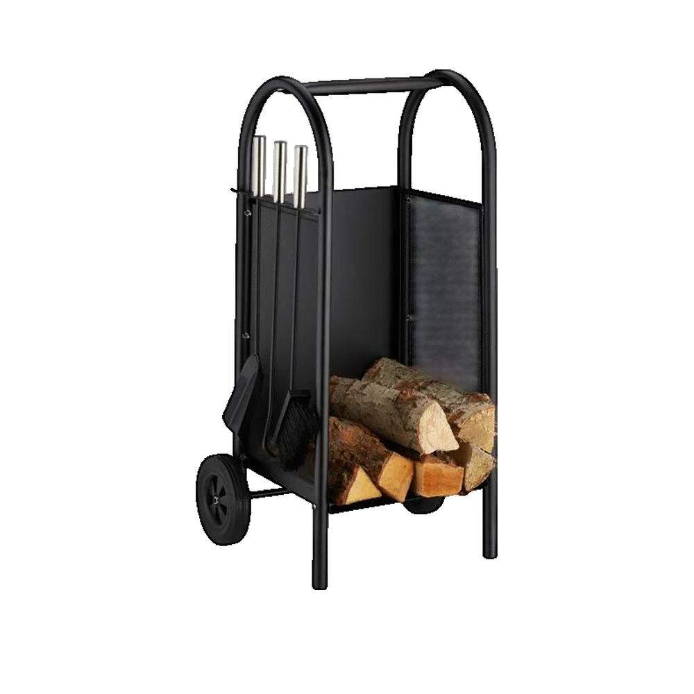 Leñero con accesorios de chimenea, soporte portátil, pala para cenizas, cepillo & atizador, negro, relaxdays