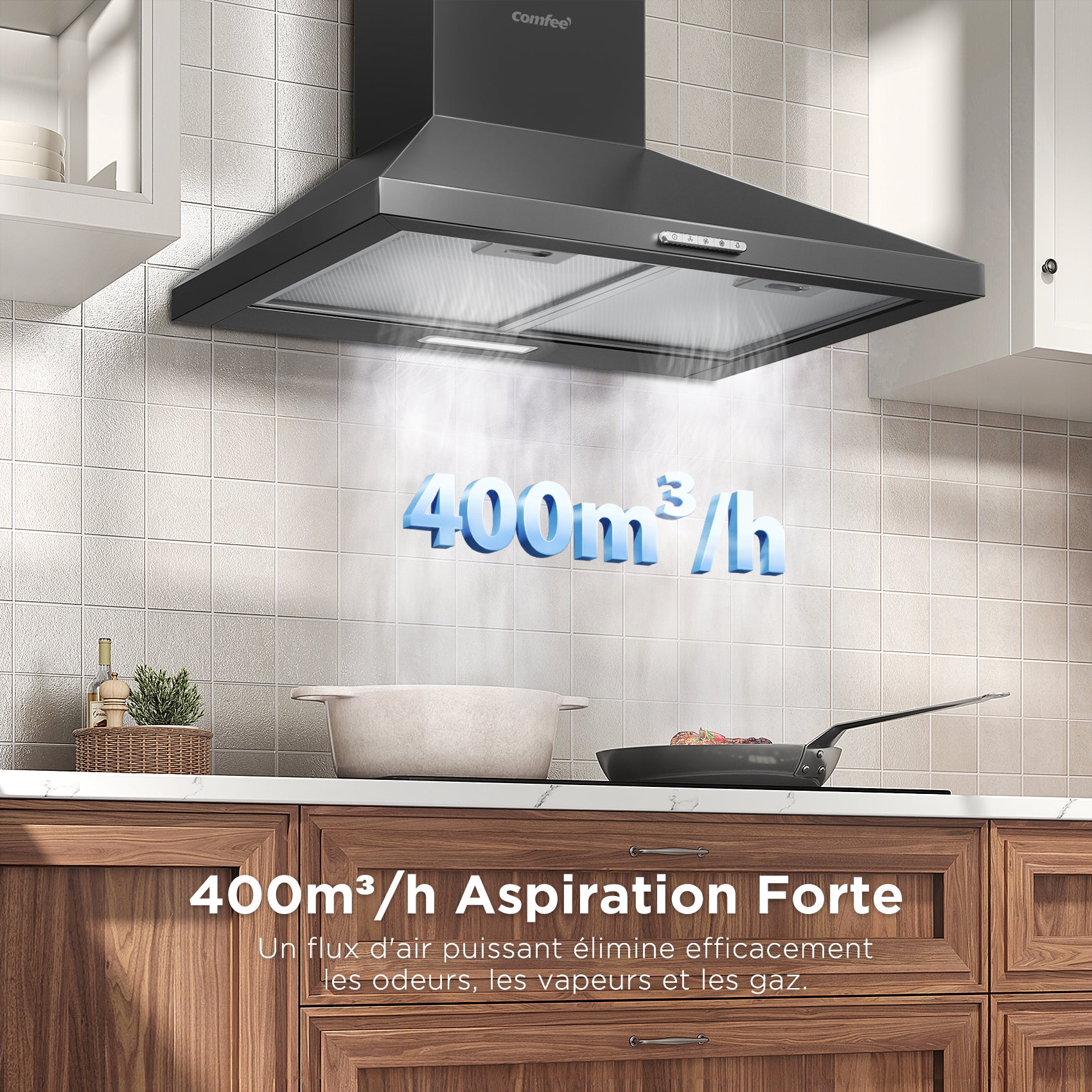 COMFEE Hotte Aspirante 60cm - 400 m³/h - Classe A++ - 2 Filtres à Charbon - 3 Vitesses - Recyclage & Évacuation - LED lampe - 3