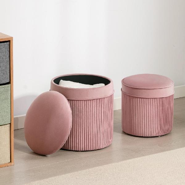 DecHome Pouf Contenitore Tondo in Velluto Set 2 Pouf colore Rosa
