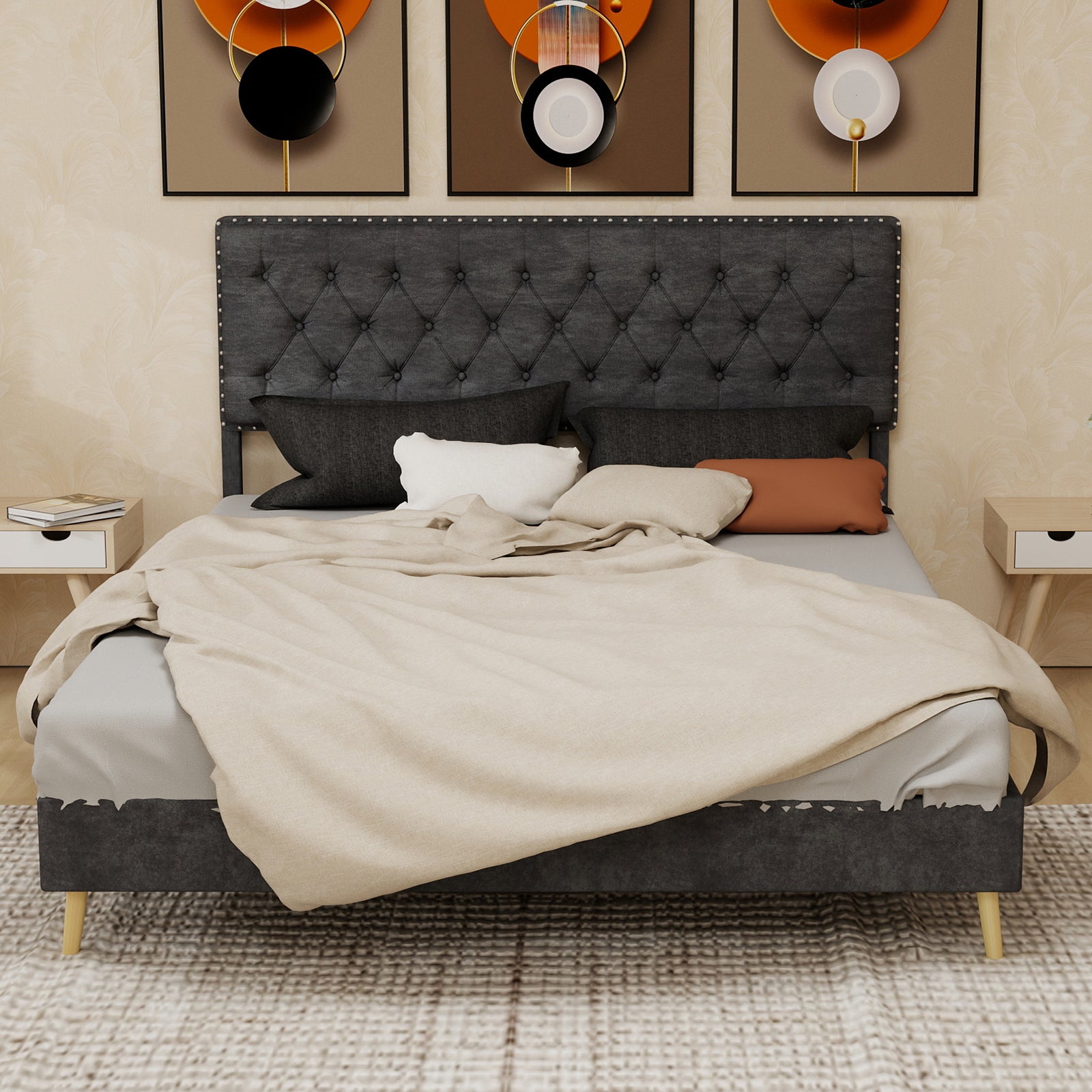 Letto matrimoniale 160x200 cm, doghe in legno, testiera, velluto grigio, senza materasso - 2