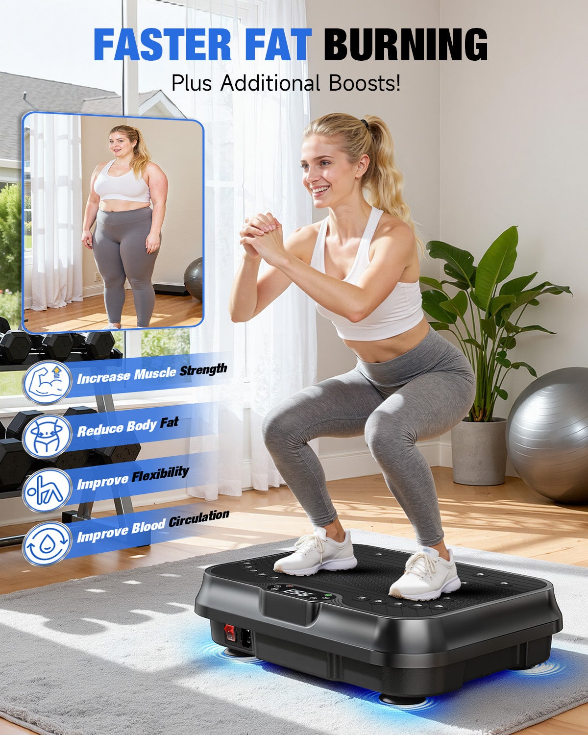 PLATAFORMA VIBRANTE, Potente plataforma vibratória muscular para musculação e escultura com controle remoto e cordão de tração - 3
