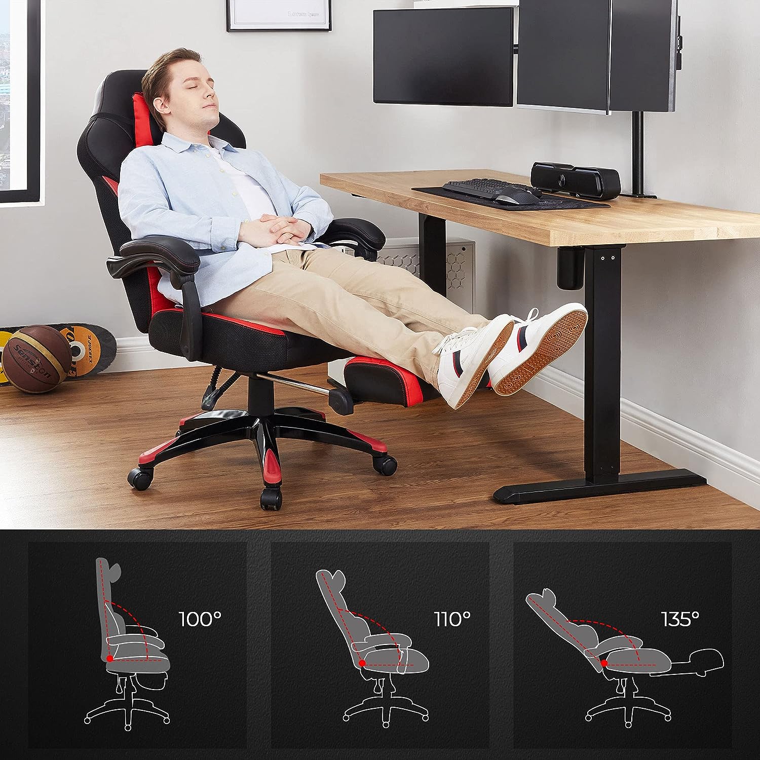 Fauteuil Gamer Ergonomique, avec Repose-Pieds télescopique, Appui-tête réglable, capacité de Charge 150 kg, Rouge et Noir - 3