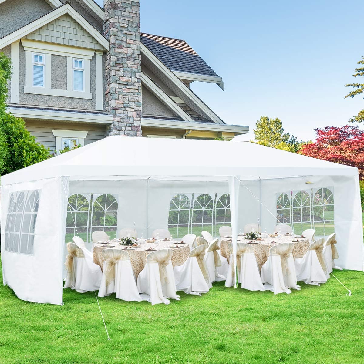 Tonnelle 3x6M Tente de Réception 6 Bâches avec Fenêtres-Pergola avec Piquets et Cordes-Tissu étanche/Résistant au Soleil - 6