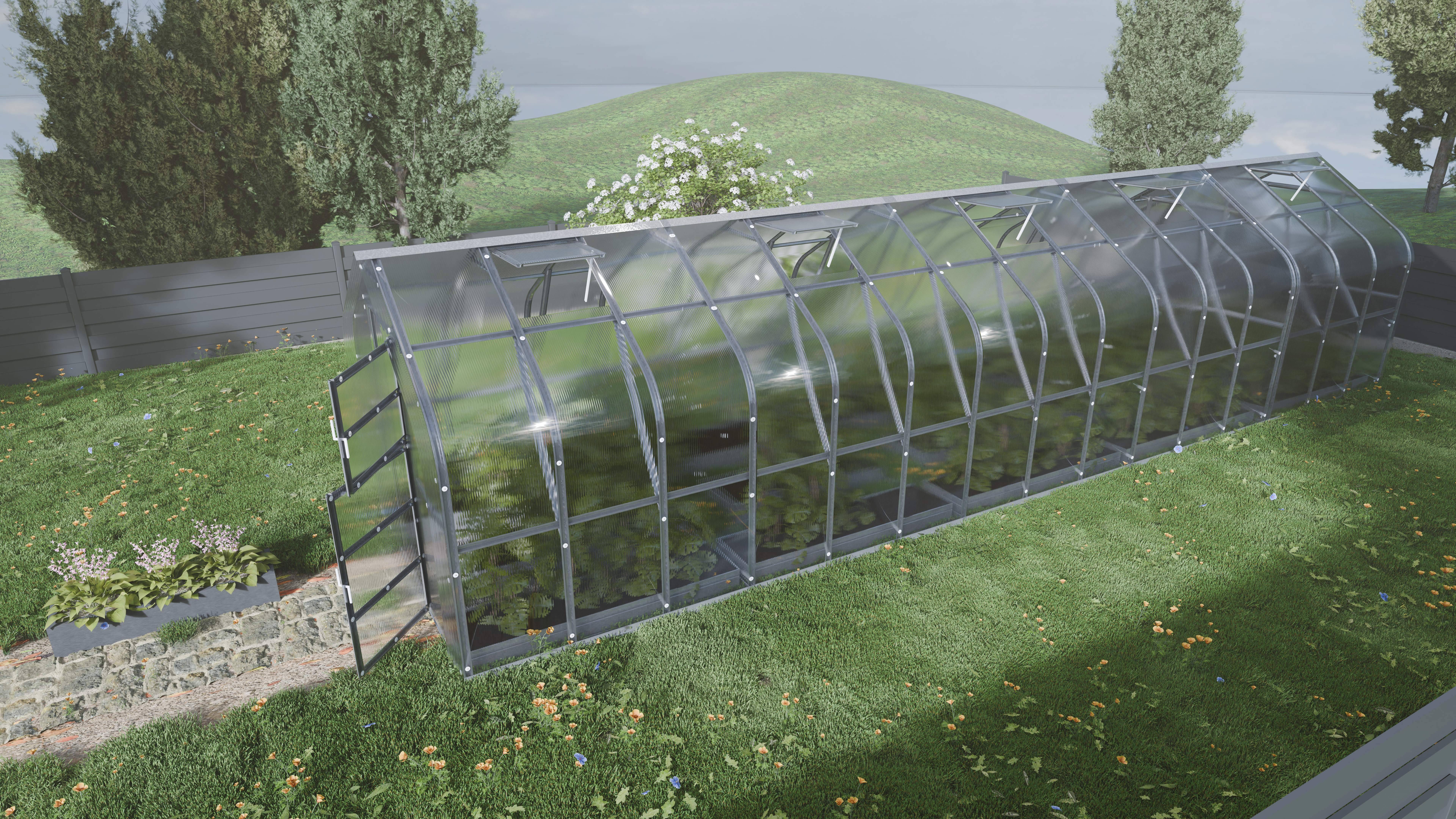 Szklarnia KLASIKA Standard 25 m2, 2,5 m x 10 m, 4 mm z pokryciem z poliwęglanu (z 5 automatycznymi otwieranymi dachami) 1szt.