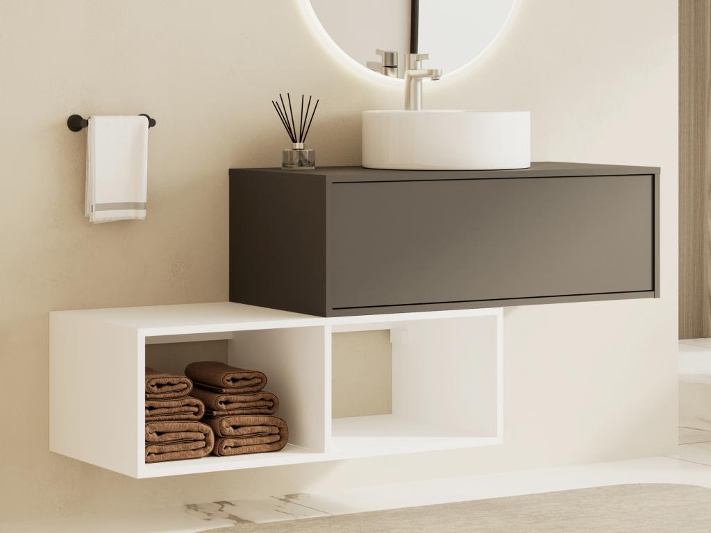 Szafka łazienkowa wisząca z okrągłą umywalką - 1 antracytowa szuflada i 2 białe wnęki - 94 cm - TEANA II