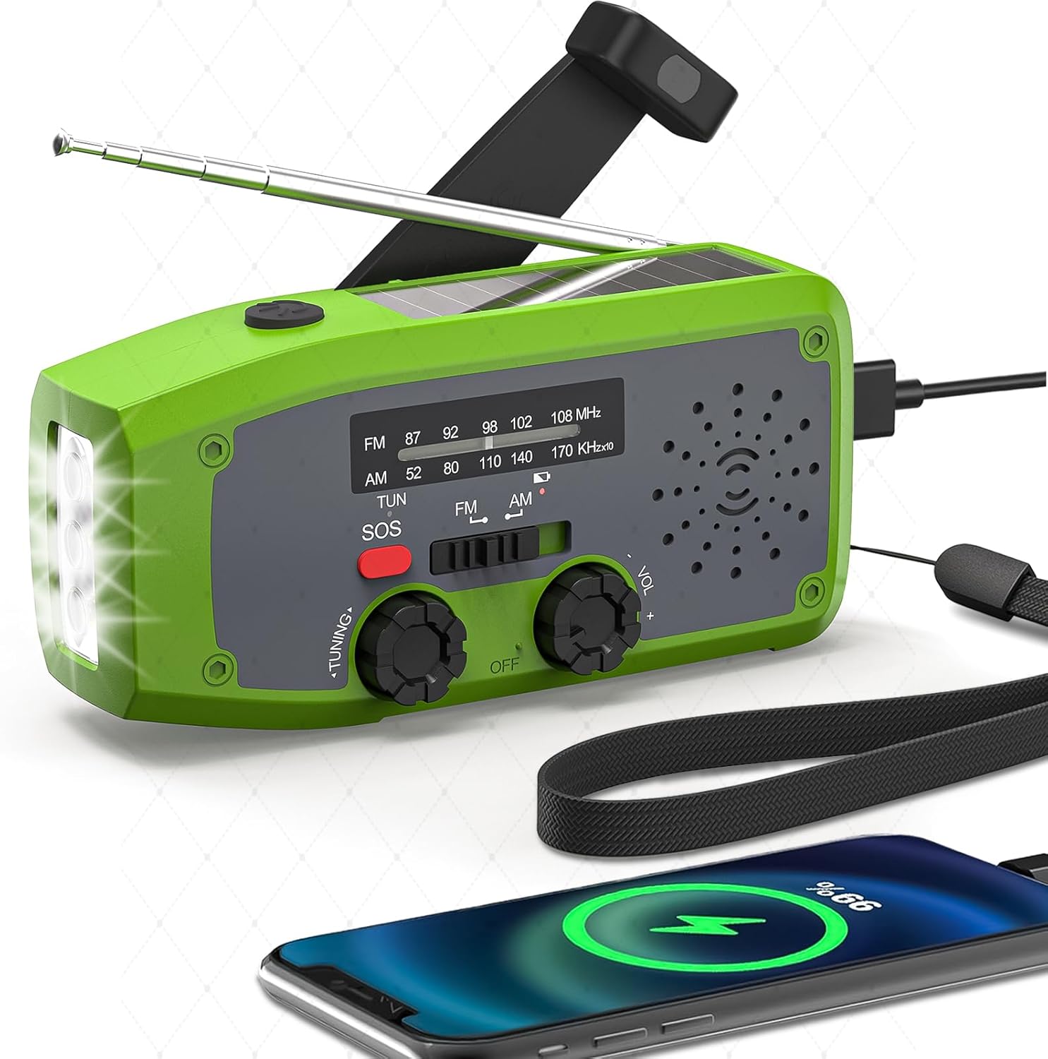 Radio słoneczne awaryjne - Samozasilająca się z latarką LED, alarmem SOS, radiem pogodowym AM/FM, baterią 2000 mAh (ładowanie awaryjne) - Zielona