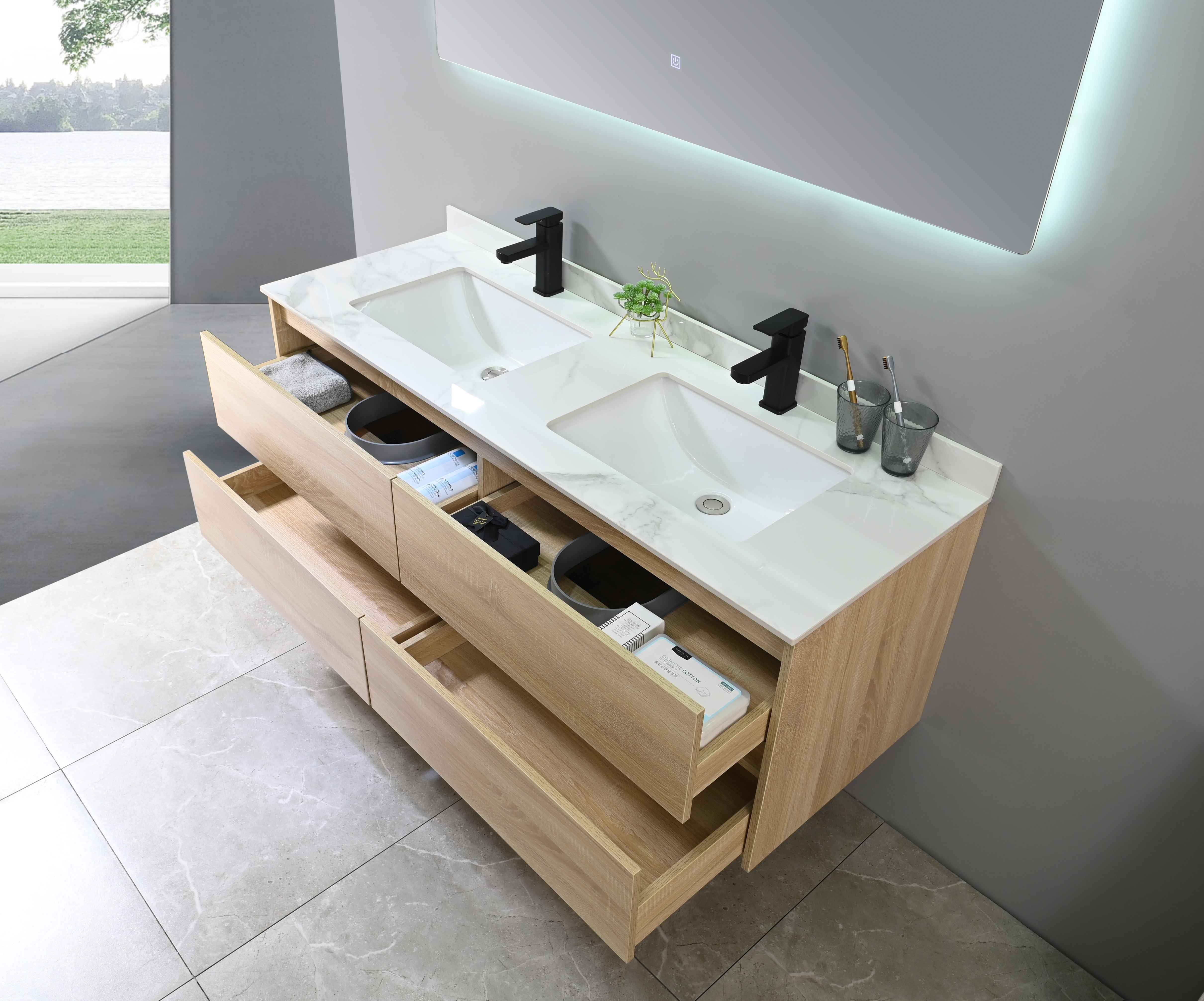 LuxuryBain- Meuble de salle de bain double vasque 140cm bois et blanc effet marbre avec miroir LED LB-8475 - 5