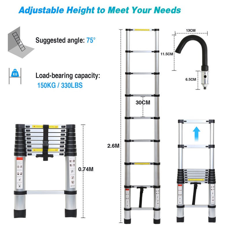 Échelle Télescopique 2.6M argent + crochet en Aluminium,Echelle Charge Maximale 150kg Echelle - 2