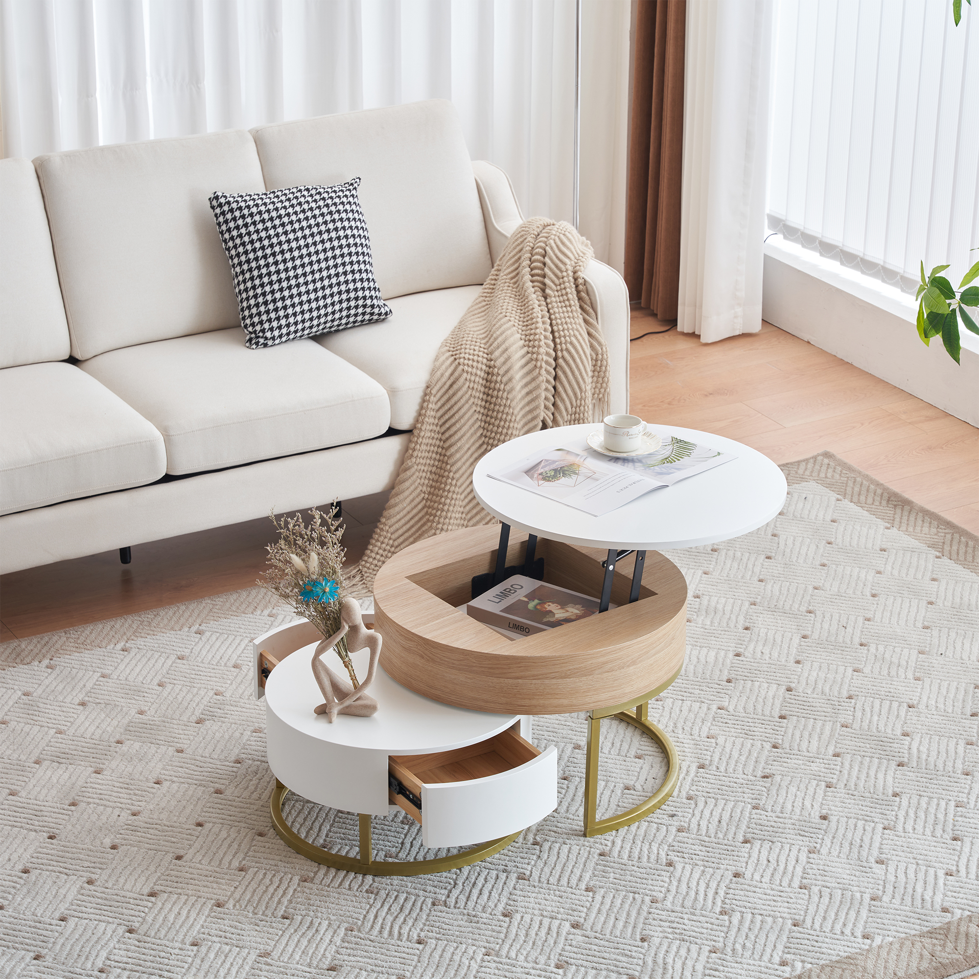 Lot de 2 tables gigognes revelables - avec 2 tirioirs - en MDF - Naturel & Blanc | Leroy Merlin