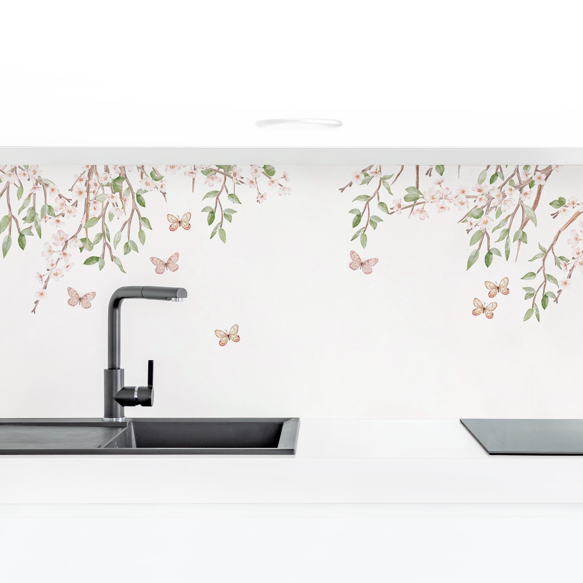Salpicadero cocina adhesivo - cherry blossom in the butterflies' play of wings 245 x 70 cm