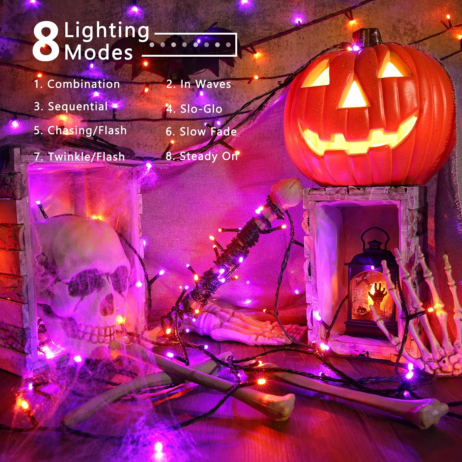 20M 200 LED Halloween Decoration Guirlandes Lumineuses Orange + Pourpre, Extérieure Noël Guirlandes Électrique Étanche 8 Modes Intérieur Lumière pou - 3