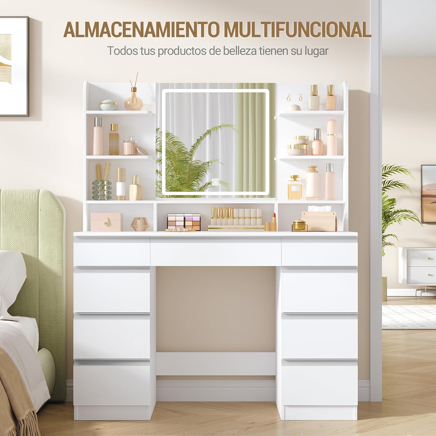 Grande Coiffeuse avec Éclairage LED, 3 Couleurs, Luminosité Réglable, Miroir, 9 Tiroirs, 9 Étagères Ouvertes, Blanc-Argent - 3