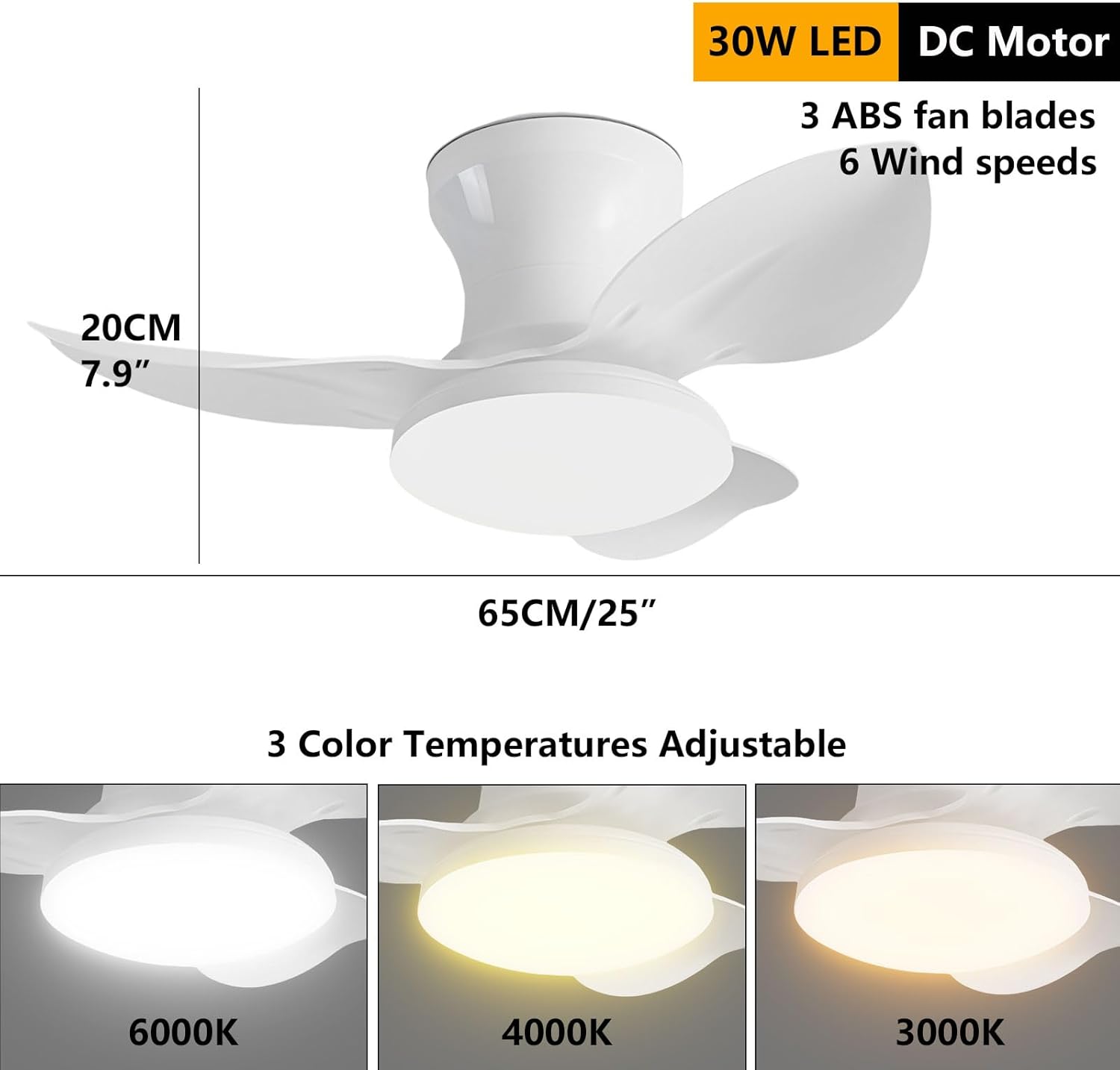 Ventilateur de plafond 65 cm avec éclairage, télécommande/application, variateur d'intensité, 6 vitesses de ventilation, minuterie, réversible (blanc) - 4