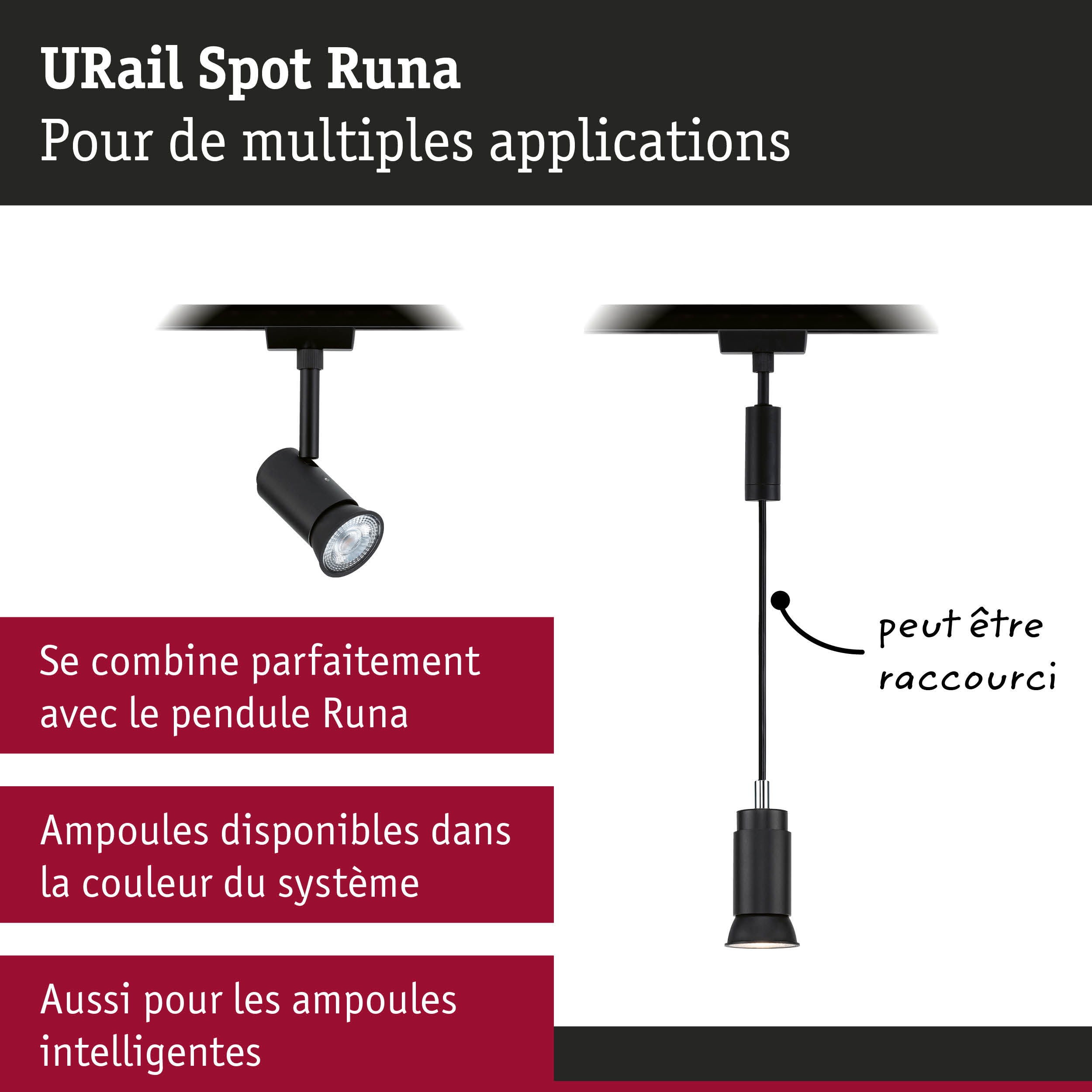 URail Spot sur rail Runa Spot individuel GU10 max. 10W gradable 230V Noir mat - 6