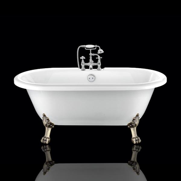 Baignoire sur pieds rétro CHELSEA Blanche 154 cm Pieds de Lion Bronze jaune vieilli