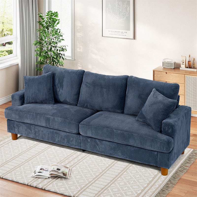Grand Canapé 3 Places en Velours Côtelé Bleu,Canapé Scandinave avec 3 coussins et 2 oreillers pour le salon,220×76×84cm - 8