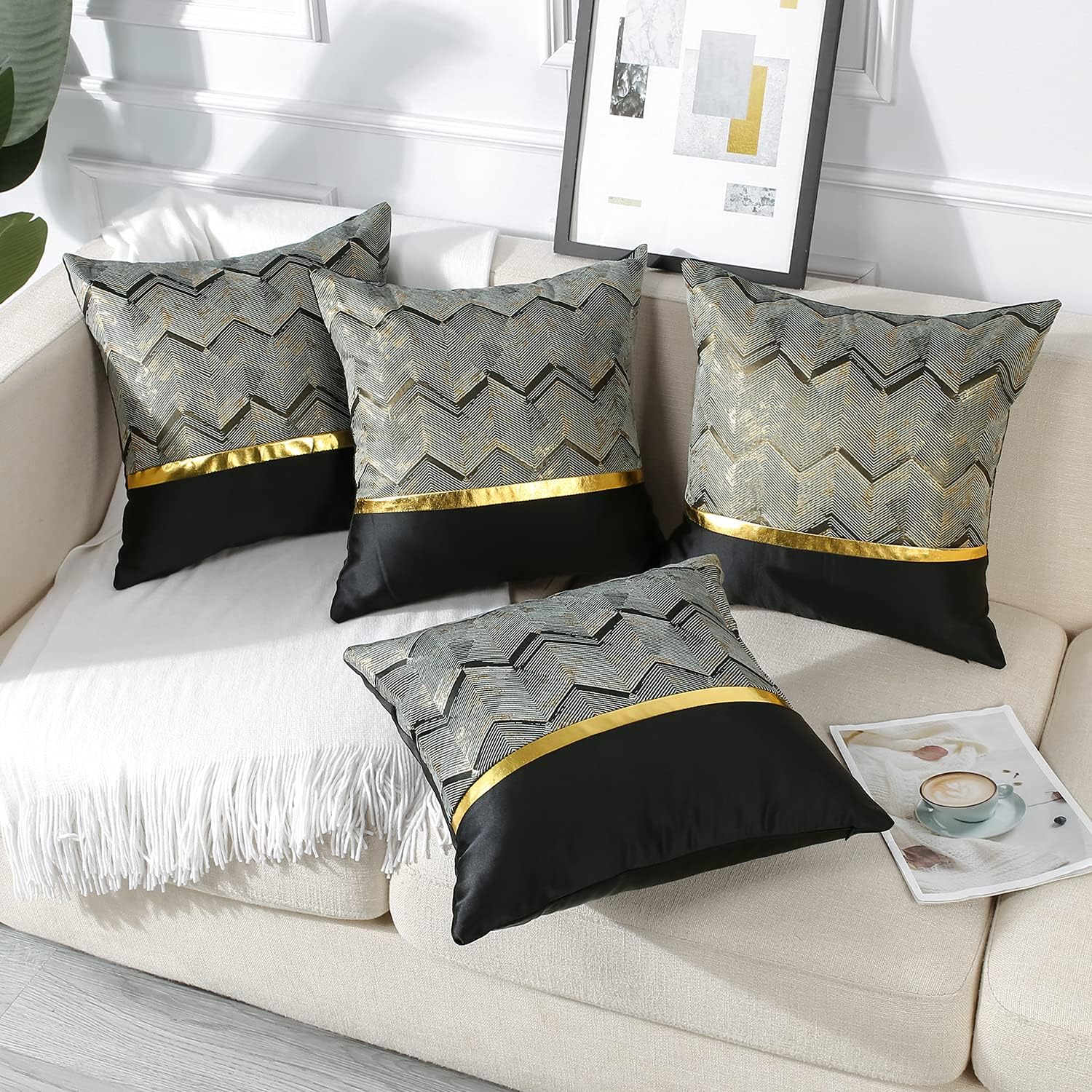 45x45cm Set de 4 (Noir) Housses de coussin Luxe Cuir Doré Couture Ondulé Stripe Taie D’oreiller Minimaliste Taies De Coussin Cuir Rayé Or Pour Lit Can - 3