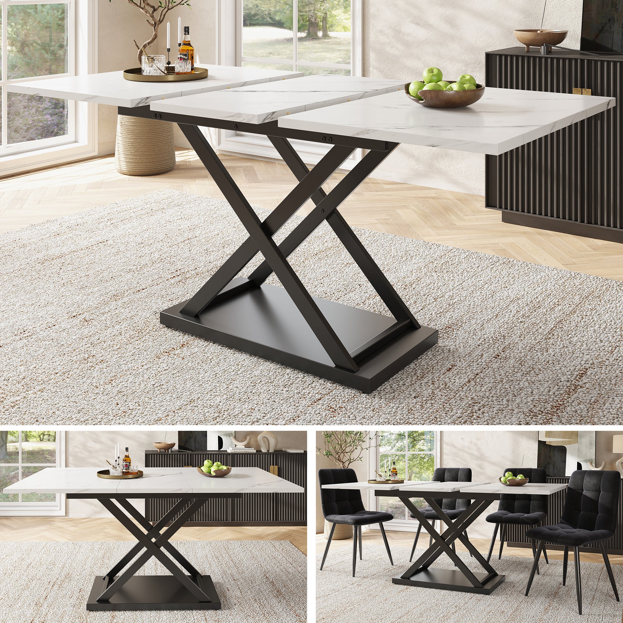 Mesa de comedor telescópica (120-160×80 cm), mesa de comedor extensible, mesa de comedor de cocina que ahorra espacio, patas de hierro cruzadas negras