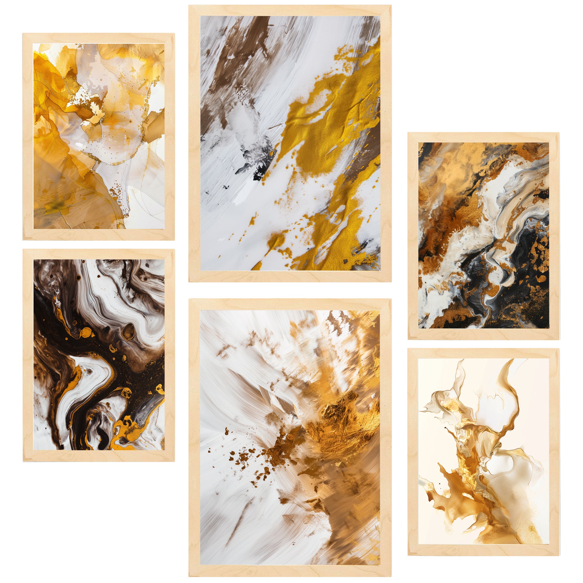 Set de 6 abstract colors brown white gold shapes cuadros con ilustración de diseño para decorar. tienda. a3 y a4. marco madera clara