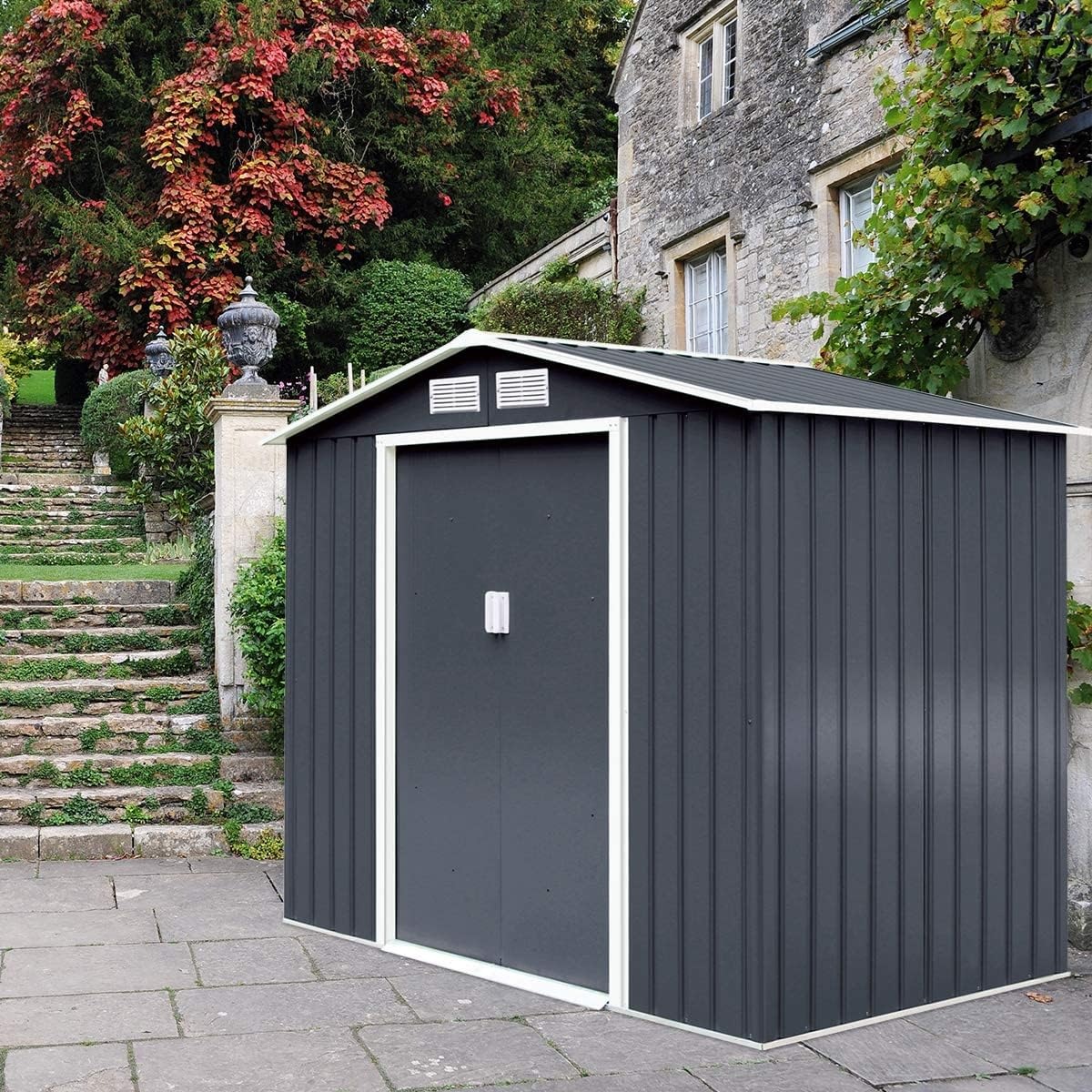 2,37m² Abri de Jardin Métal Galvanisé avec Base, Cabane de Rangement à Outils 213x127x185 cm avec Portes Coulissantes & Fenêtres,4,39m³ Gris - 3