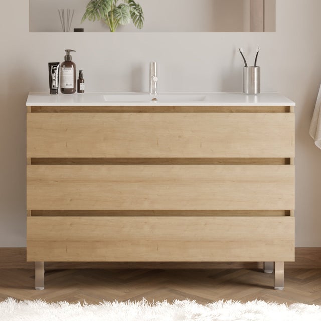 Meuble de salle de bain 120cm simple vasque - 3 tiroirs - sans miroir - nebraska (chêne clair) - MAYOR