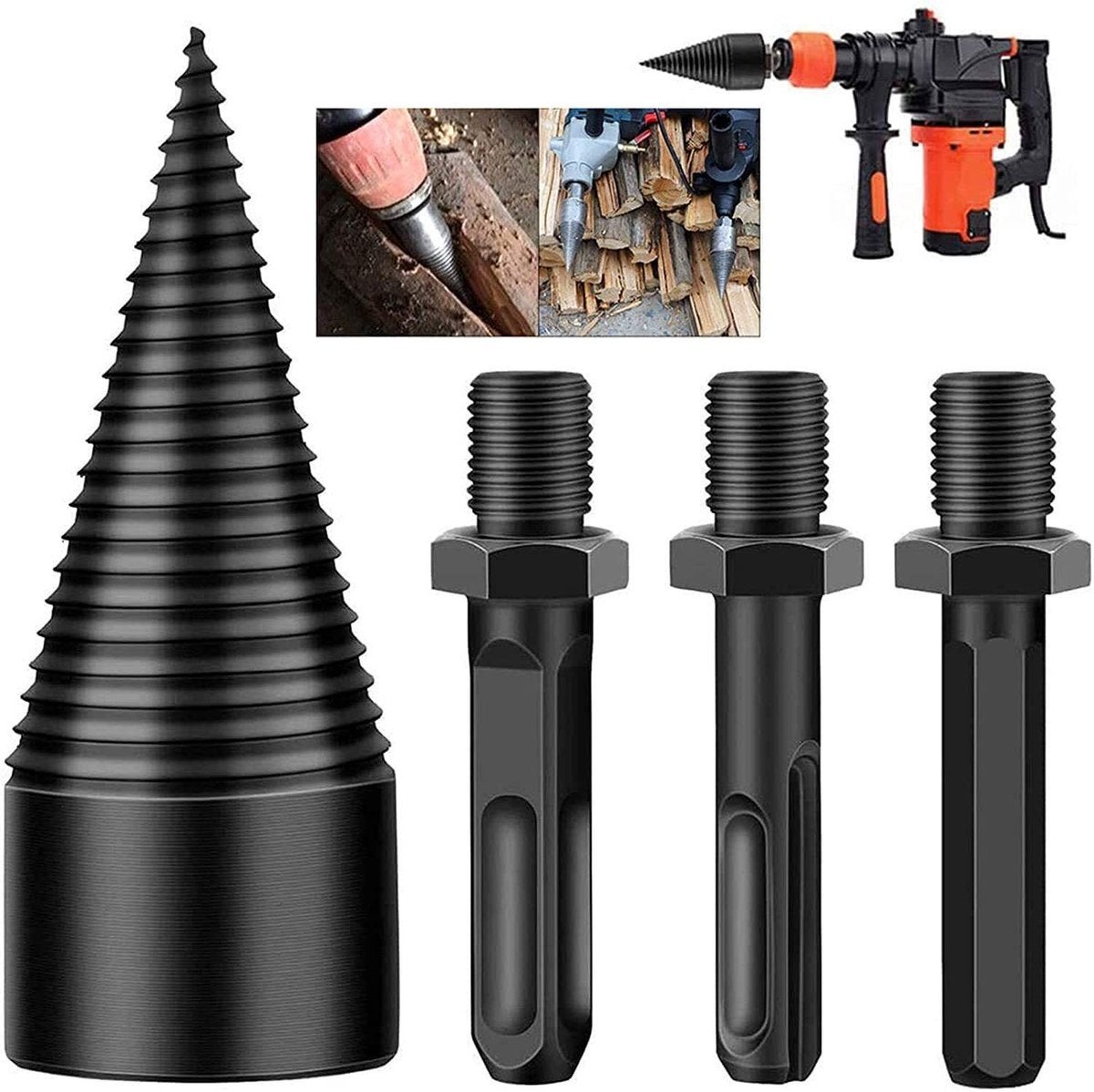 Fendeur de bûches conique, fendeur de bûches de 32 mm, adapté aux perceuses électriques, fendeur de bûches, foret fendeur de bûches cu 3 poignées.
