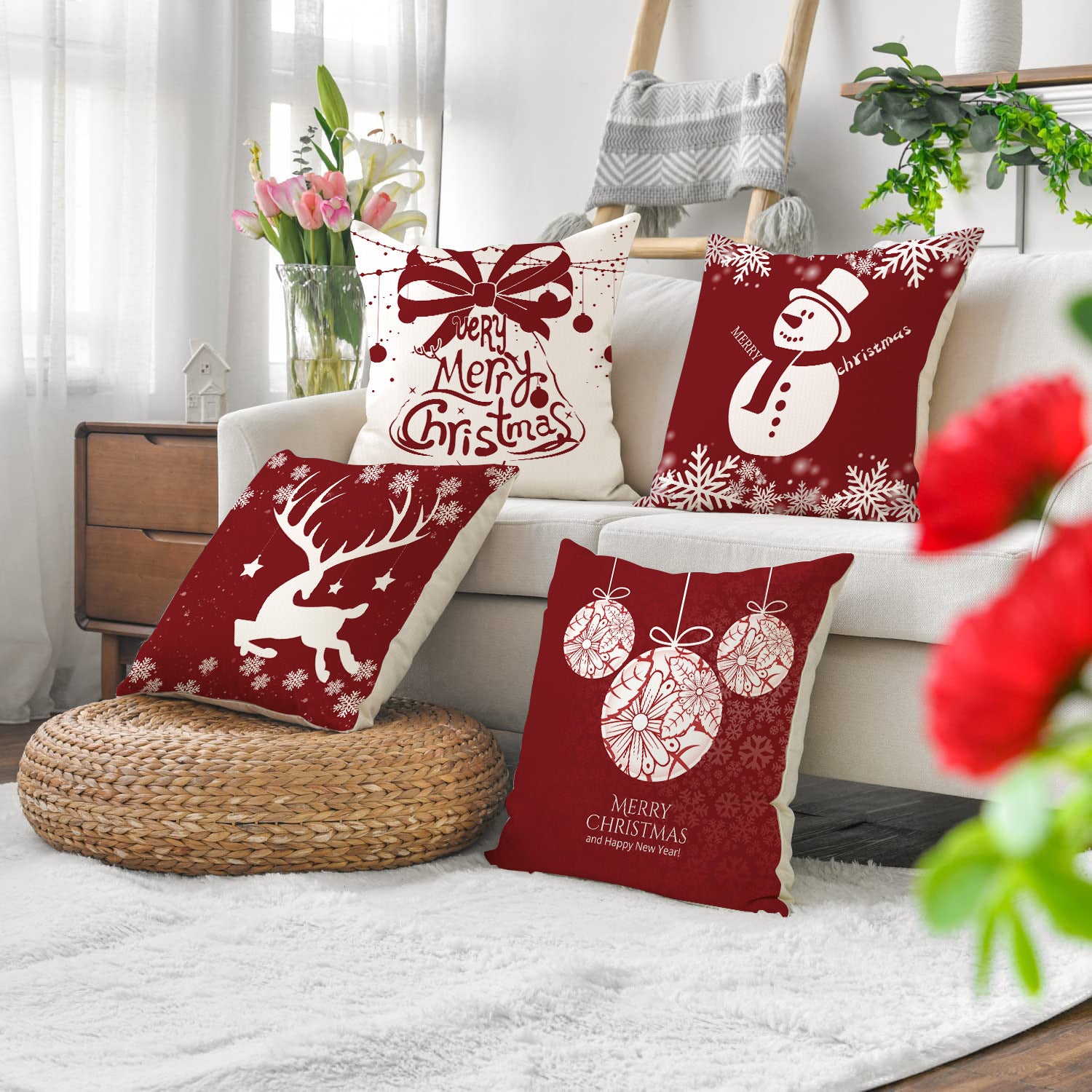 Housse De Coussin Noel Lot De 4, Coussins Décoratifs Noël En Lin