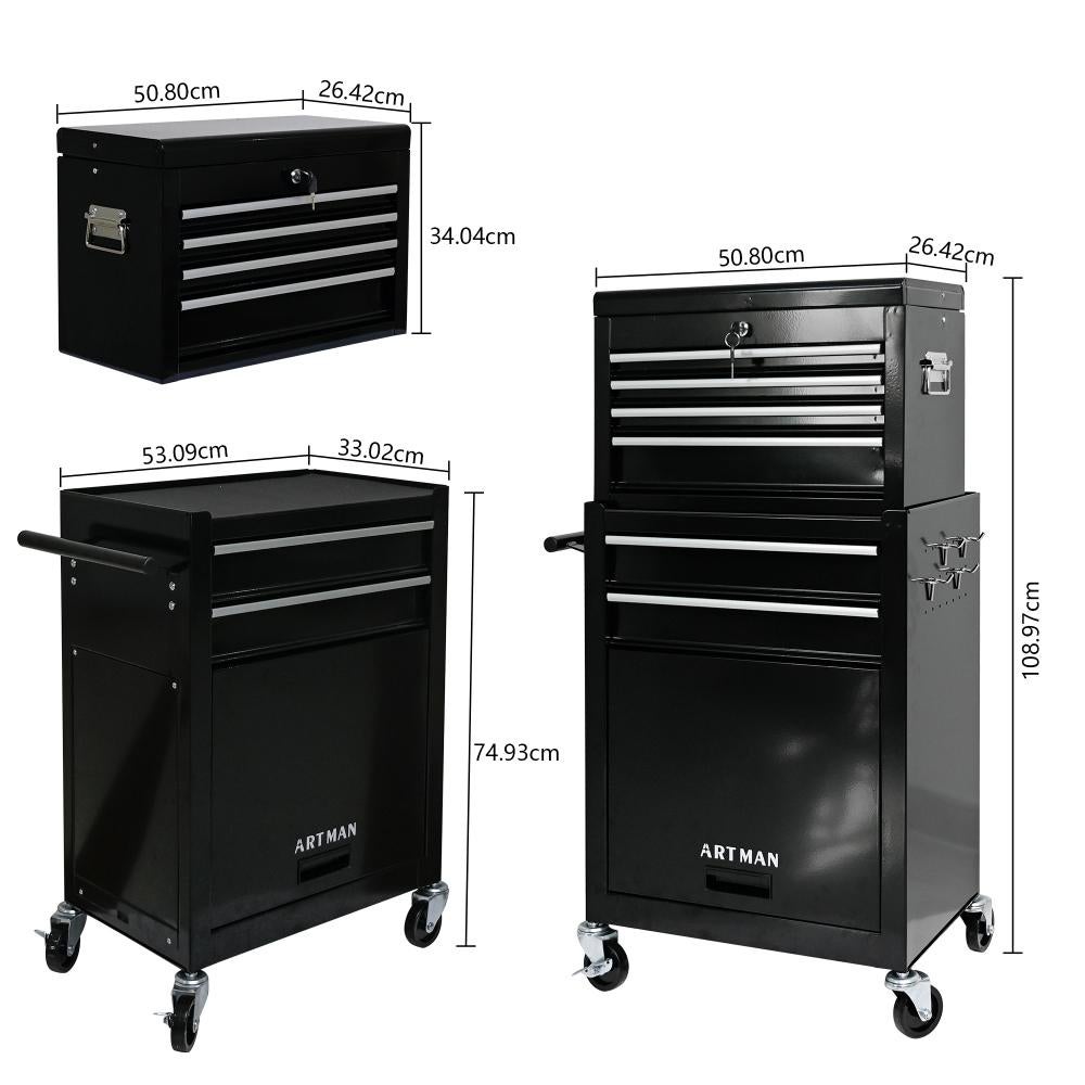 Coffre à outils mobile 6 tiroirs noir avec roues, capacité 100 kg, chariot métallique sécurisé pour atelier - 4