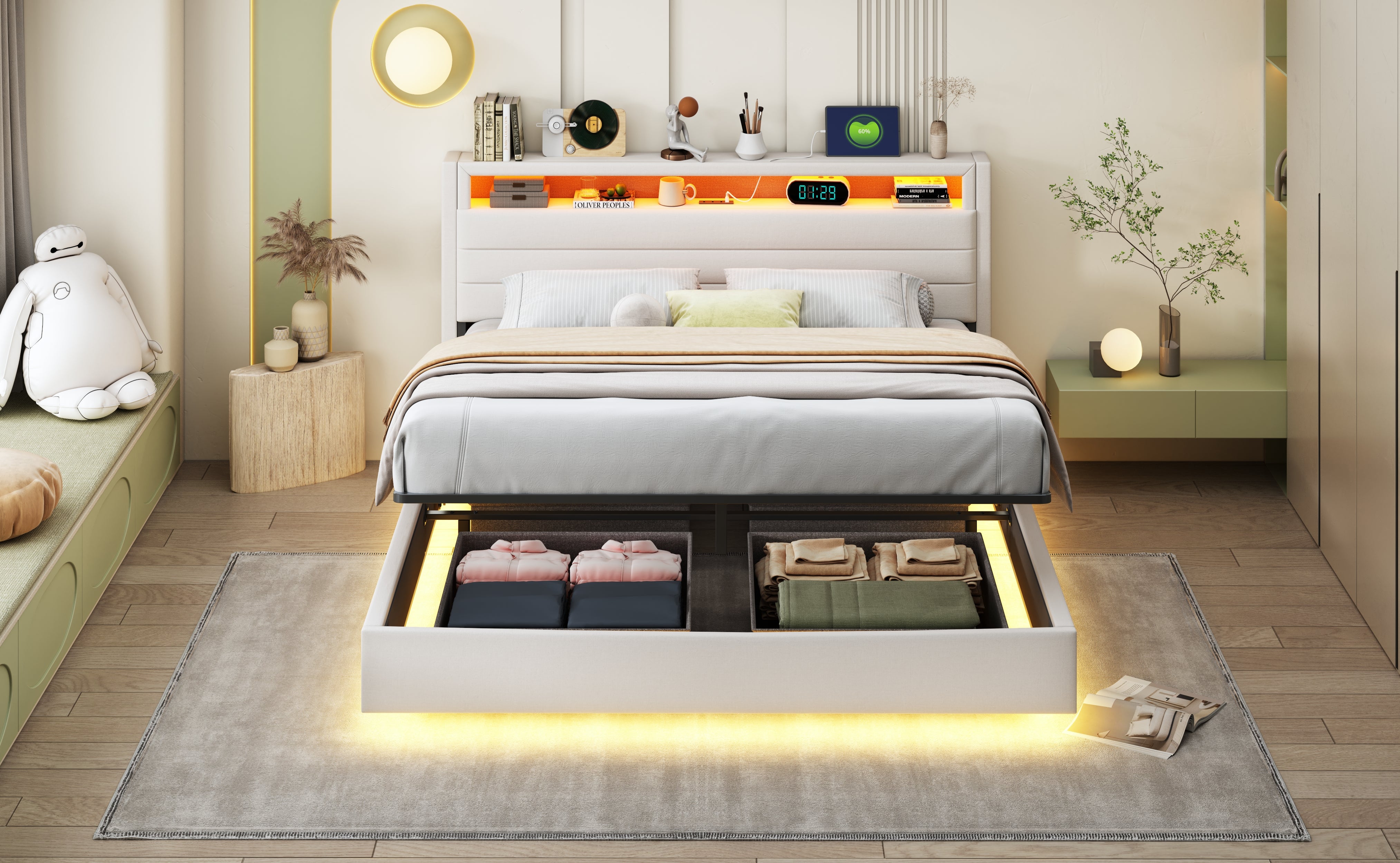 Lit coffre 160 x 200 cm avec tête de lit coffre et compartiments - LEDs et prise USB - Tissu en lin - Beige - 8