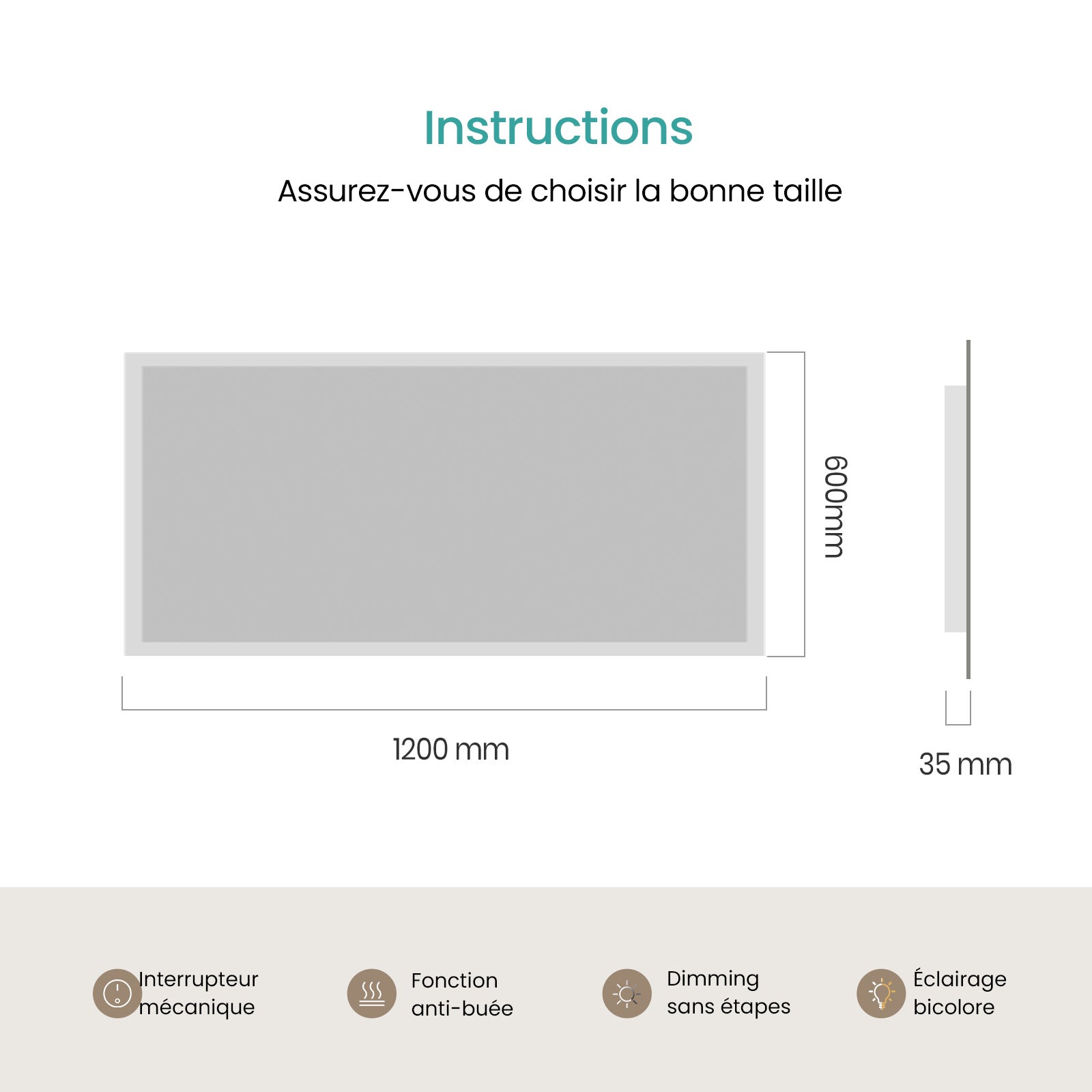 EMKE Miroir lumineux salle de bain 120x60cm, Miroir LED avec Interrupteur à bouton, Anti-buée, Miroir avec éclairage lumière Blanche Froide/Chaude - 7