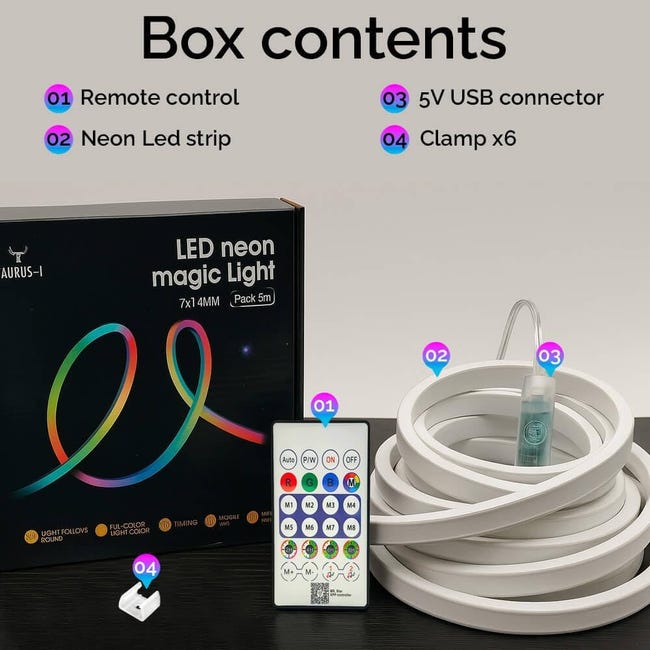 Tira De Luces LED Neon RGB Flexible 5 M, IP65 Impermeable, Control Por App Y Mando, Ideal Para Interior Y Exterior
